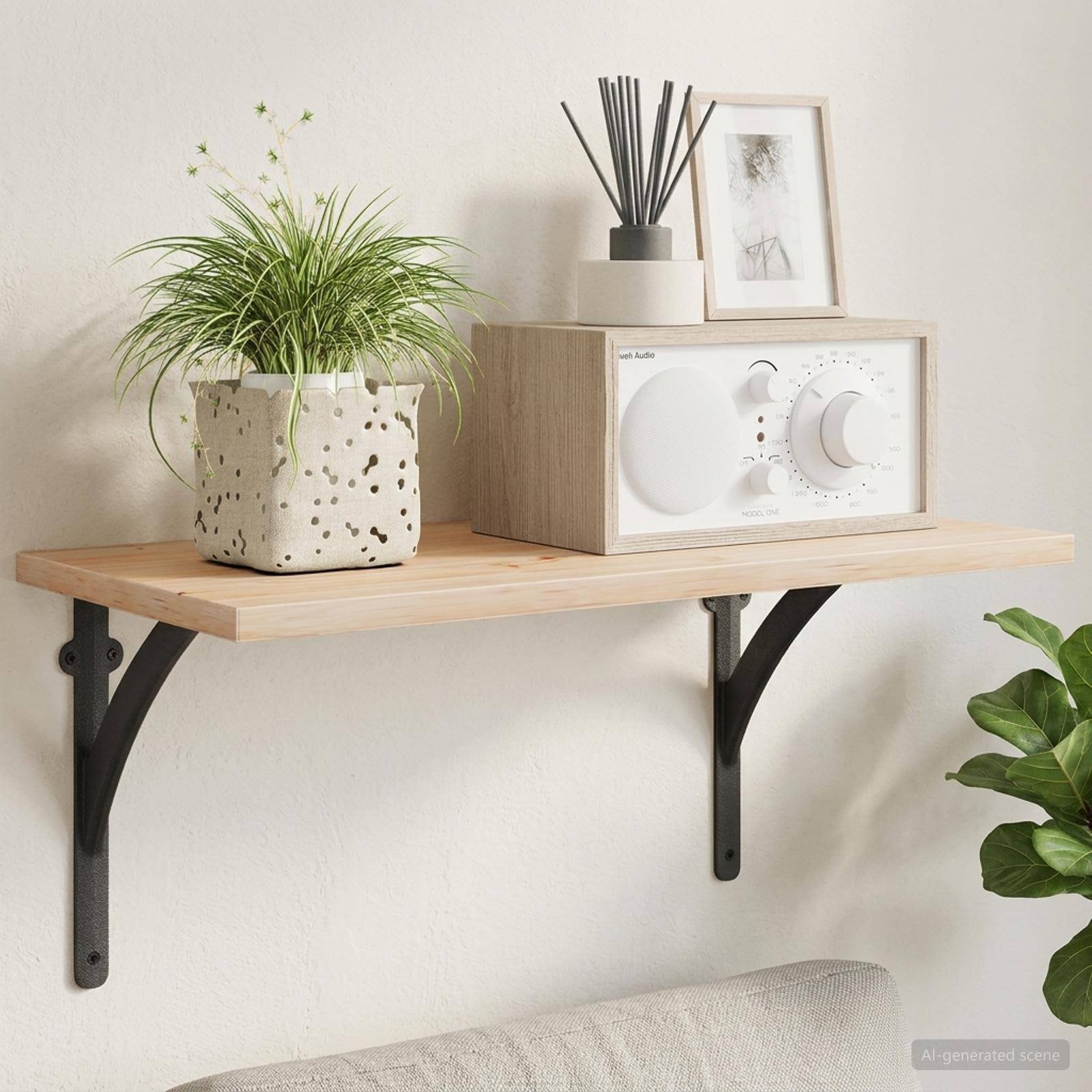Minimalistische Wandregalanlage mit einer Topfpflanze, einem Lautsprecher, einem Raumduft-Diffuser und gerahmter Kunst über einem Sofa, die eine stilvolle Wohnzimmerausstellung schafft.