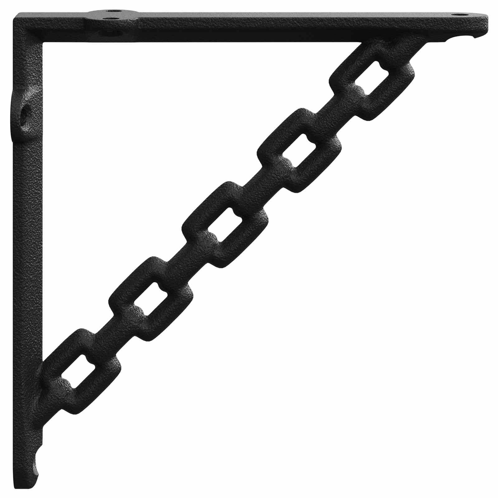 Schwarze Metall-Dekorationsspange mit einer abgewinkelten Kettenstützstrebe auf weißem Hintergrund.