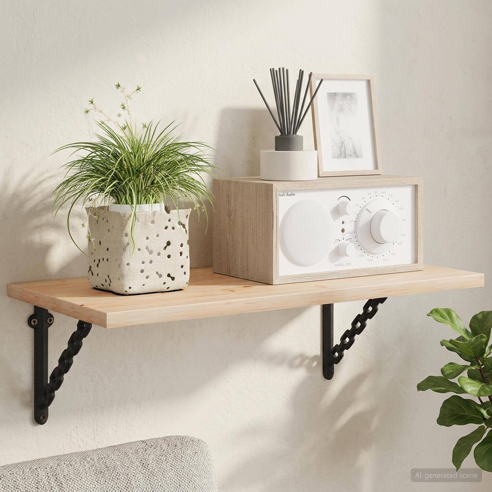 Minimalistische hölzerne Wandregal mit einer Topfpflanze, kleinem Radio, Raumduft-Diffusor und gerahmtem Foto an einer hellen Wand.