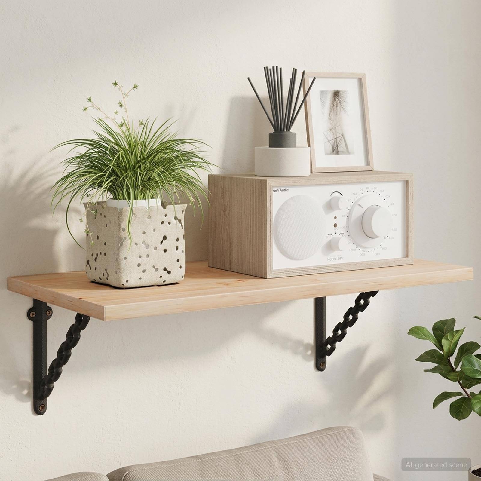 Minimalistische Wandablage mit einer Topfpflanze, einer holzartigen Radiobox, einem gerahmten Druck und einem Diffuser über einem Sofa.