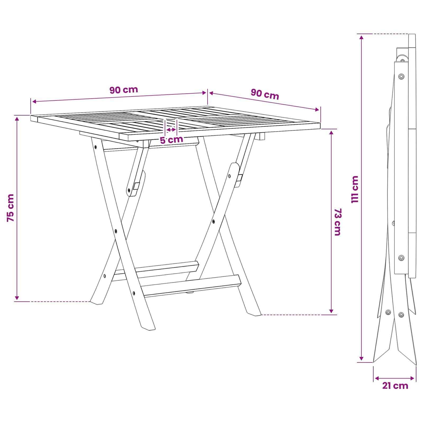 Technische Strichzeichnung eines klappbaren Außentisches mit Abmessungen: 90 cm quadratische Tischplatte, 75 cm Höhe, 73 cm bis zur Tischplatte, 111 cm Höhe im zusammengeklappten Zustand, 21 cm Tiefe im zusammengeklappten Zustand, 5 cm Dicke.