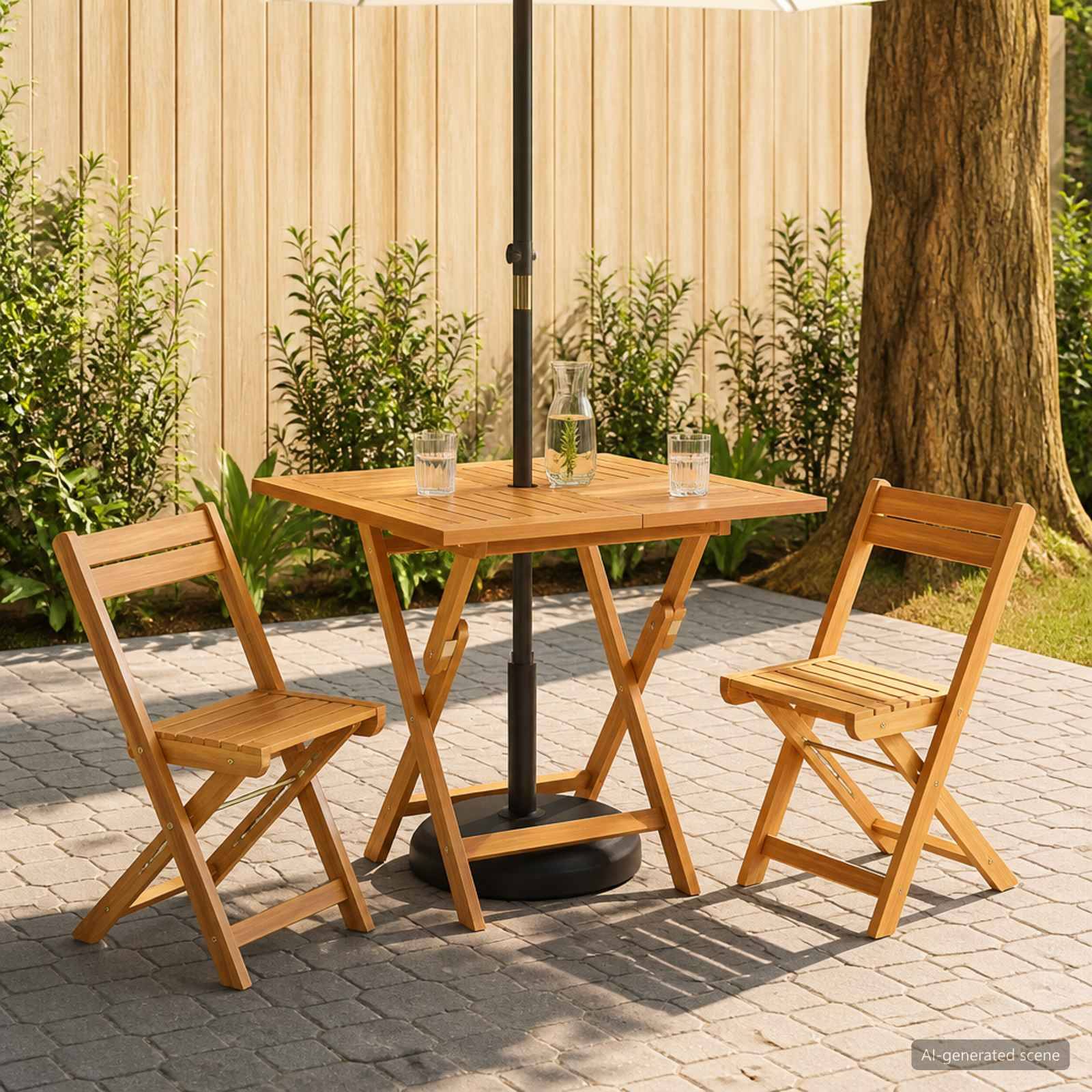 Holztisch für die Terrasse mit zwei klappbaren Stühlen unter einem Sonnenschirm, aufgestellt auf einer gepflasterten Außenterrasse mit Pflanzen und einem Baum.