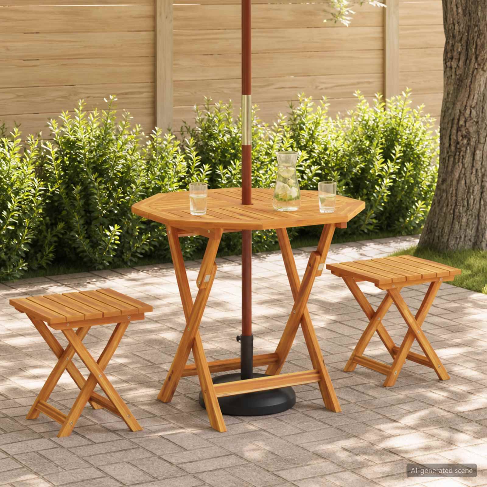 Outdoor-Holzterrassen-Set mit einem runden hohen Tisch unter einem Sonnenschirm und zwei passenden klappbaren Hockern auf einer gepflasterten Terrasse.