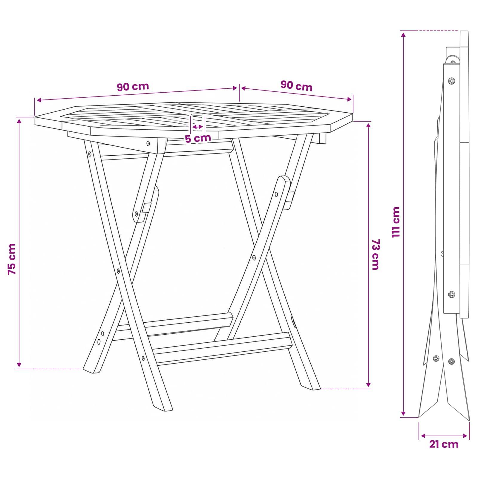 Maßstabgerechte Linienzeichnung eines Klappseitentisches mit einer Tischplattenbereite von 90 cm, einer Höhe von 75 cm, 73 cm bis zur Tischplatte, 111 cm Höhe im zusammengeklappten Zustand und einer Tiefe von 21 cm.