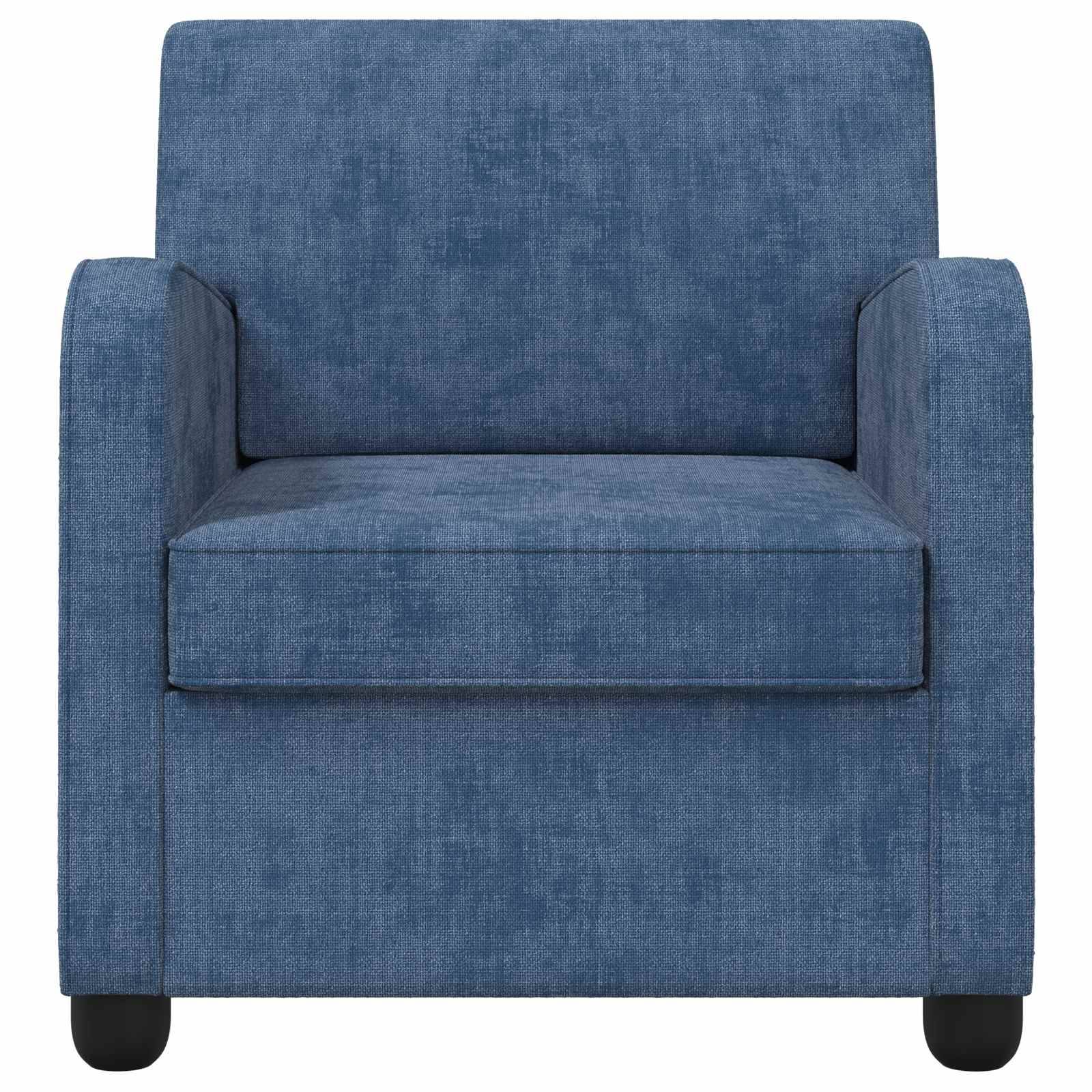 Blauer gepolsterter Sessel mit breiter Rückenlehne, gepolstertem Sitz und schwarzen Beinen auf weißem Hintergrund.