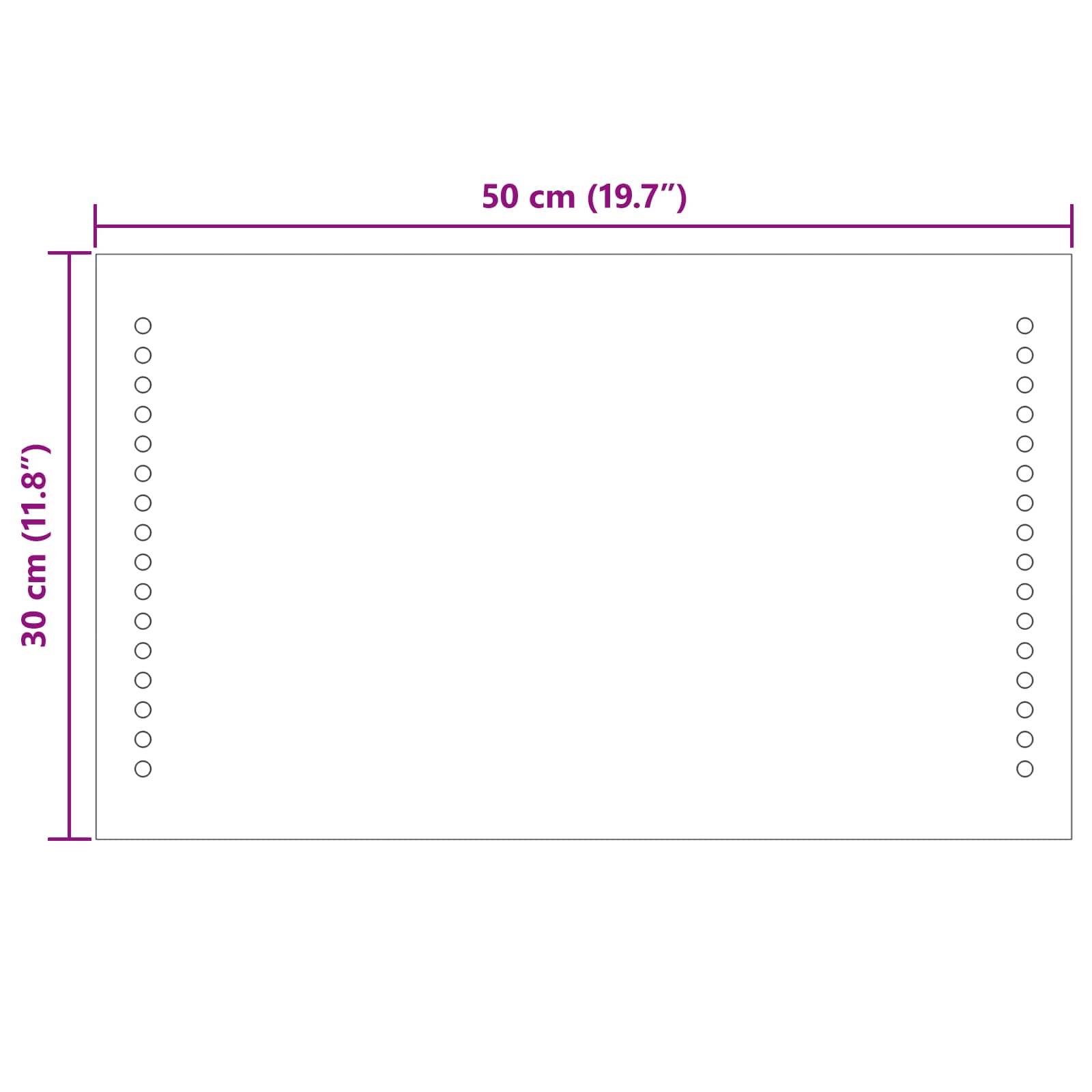 Diagramm eines rechteckigen Panels mit einer Breite von 50 cm und einer Höhe von 30 cm, mit Reihen von gleichmäßig verteilten Löchern an den linken und rechten Seiten.
