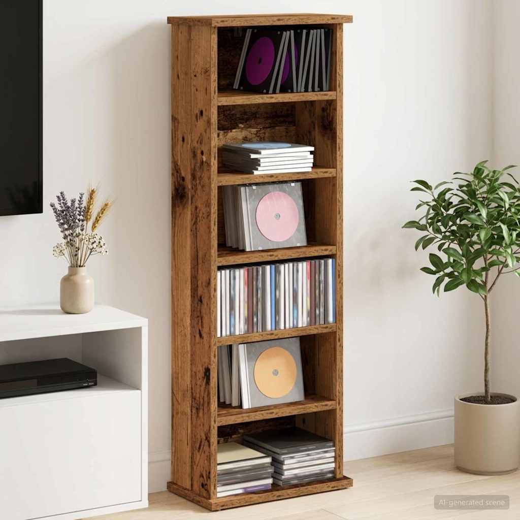 Hohes Holzregal mit Vinyl-Schallplatten und CD-Kästen in einem Wohnzimmer neben einem Fernsehständer und einer Topfpflanze.