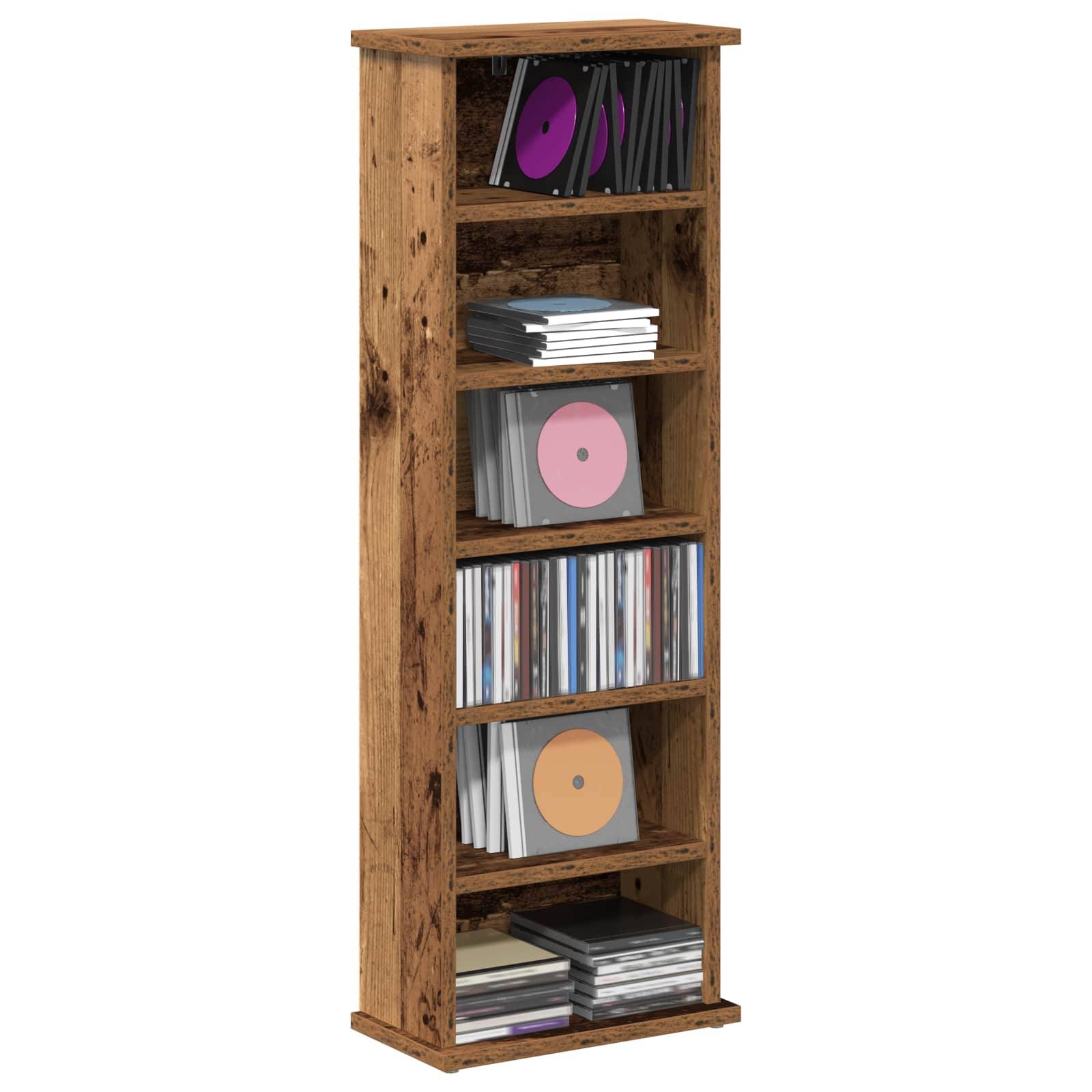 Hohes Holzmedienregal gefüllt mit CDs, DVDs und Schallplatten in mehreren offenen Fächern.