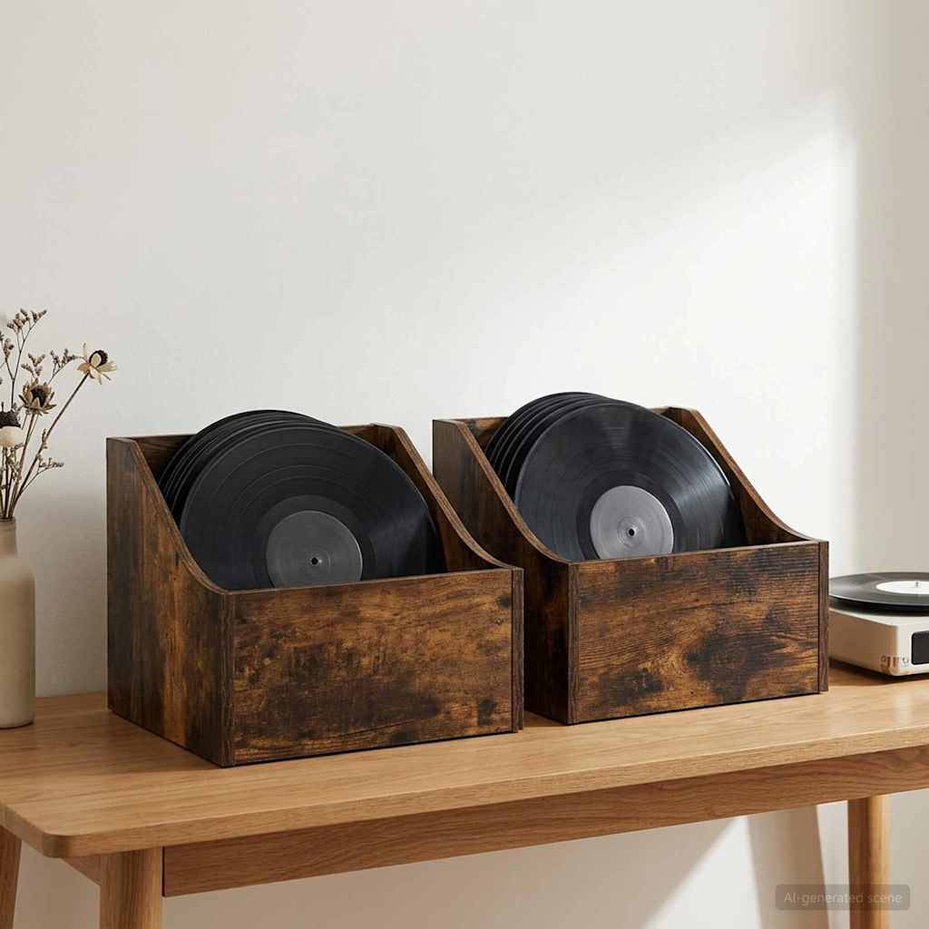 Zwei hölzerne Schallplattenkisten halten Vinyl-Alben auf einem Tisch neben einem Plattenspieler und einer Vase mit getrockneten Blumen.