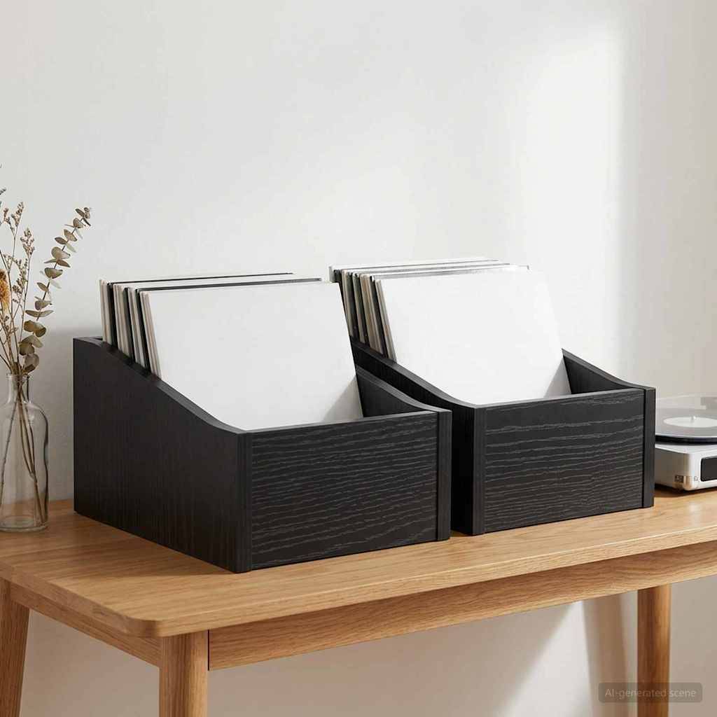 Zwei schwarze Aufbewahrungsbehälter auf einem Holztisch enthalten weiße Schallplattenhüllen, mit einer Vase aus getrockneten Stielen auf der linken Seite und einem kleinen Gerät auf der rechten Seite.