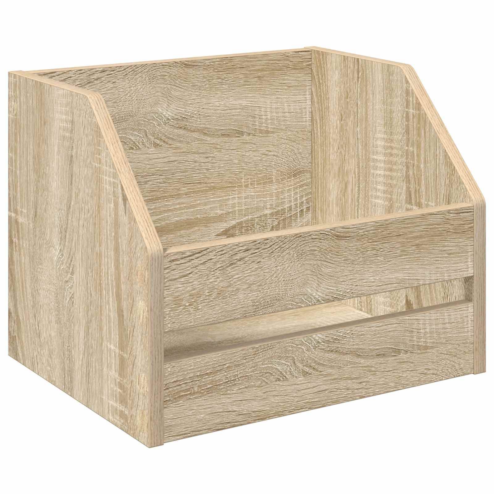 Lagerbehälter mit heller Holzmaserung, offener Oberseite und vorderer Aussparung, leer auf weißem Hintergrund dargestellt.