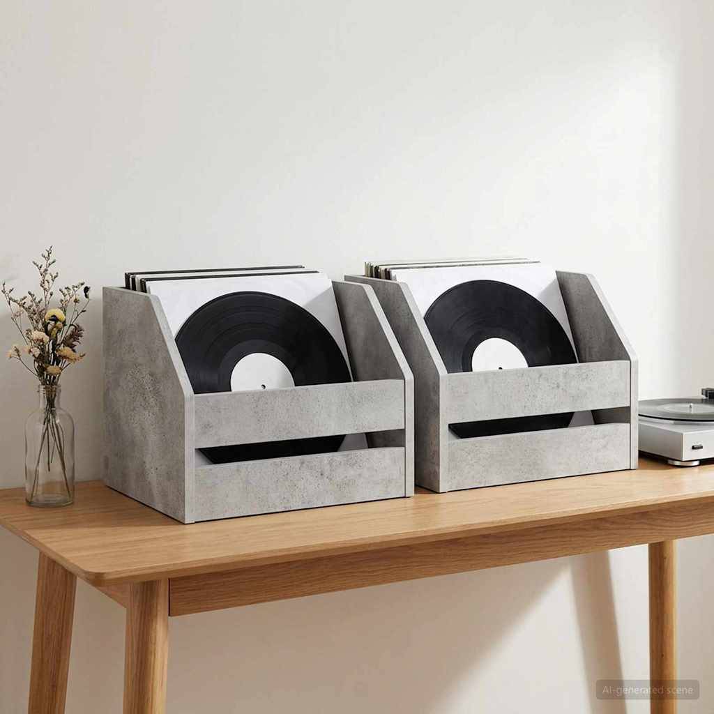 Zwei graue Vinyl-Aufbewahrungskisten auf einem Holzregal, jede mit aufrecht stehenden Schallplatten gefüllt; eine kleine Vase steht links und ein Plattenspieler rechts.