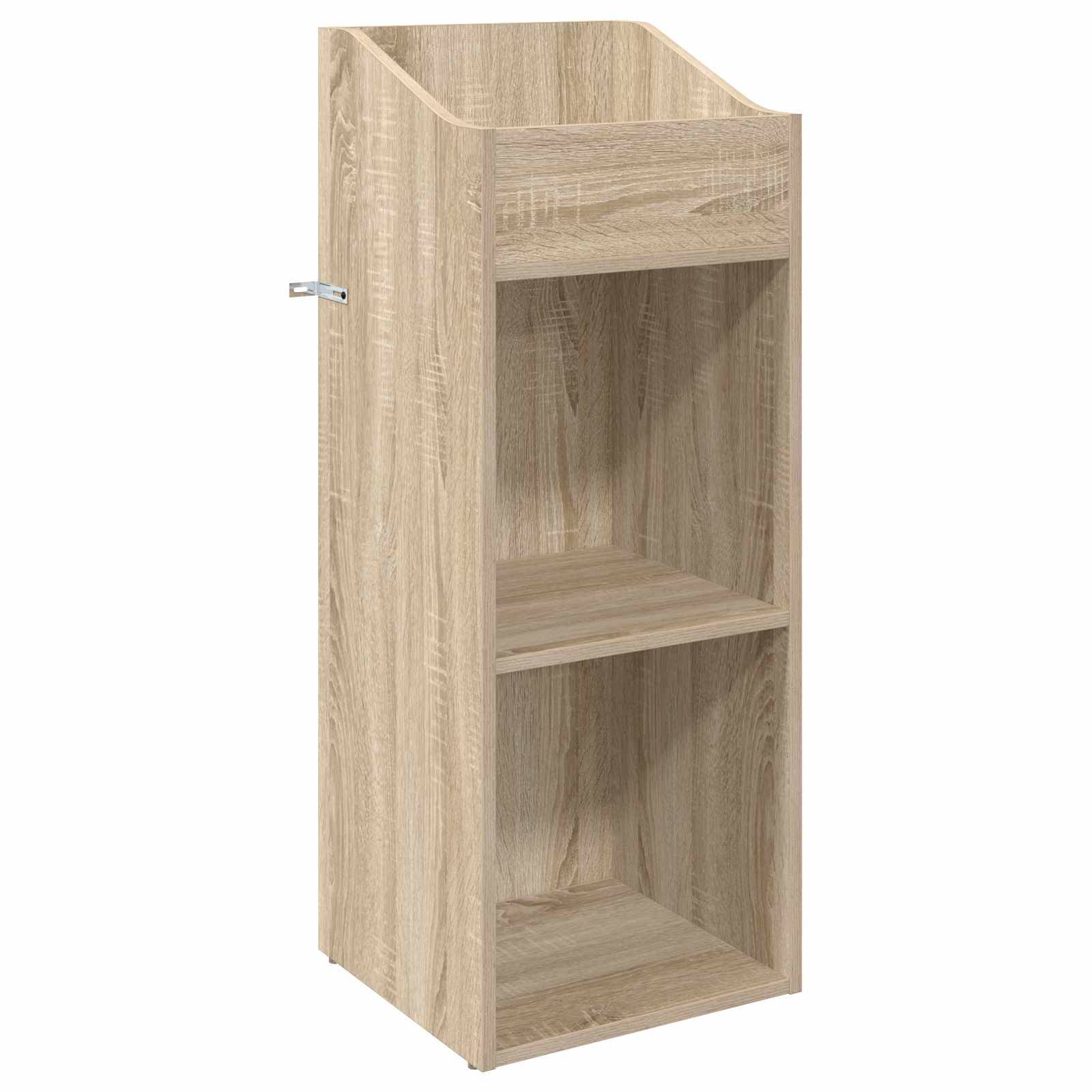 Helles Holzregal mit offener Konstruktion, einer Schublade oben und zwei Regalboden, dargestellt in einer Frontallansicht von links auf weißem Hintergrund.