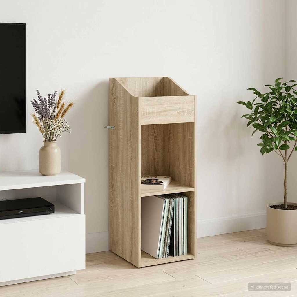 Hoher Lagerschrank aus hellem Holz mit offenen Regalen, die Bücher und Zeitschriften in einem minimalistischen Wohnzimmer neben einem Fernseh­ständer, einer Vase und einem Topfbaum enthalten.