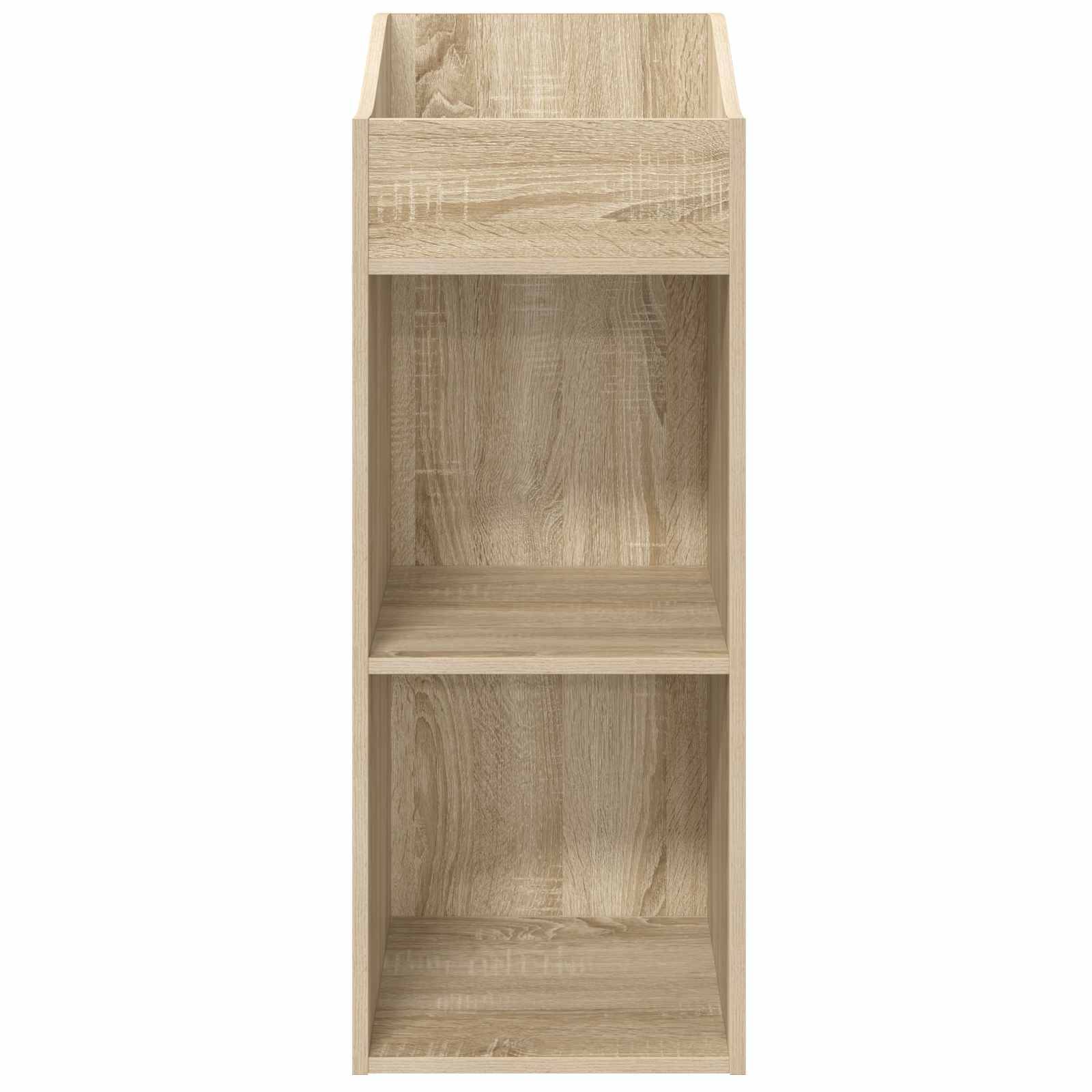 Helles Holz offenes Regal mit drei vertikalen Fächern, gezeigt vor weißem Hintergrund.