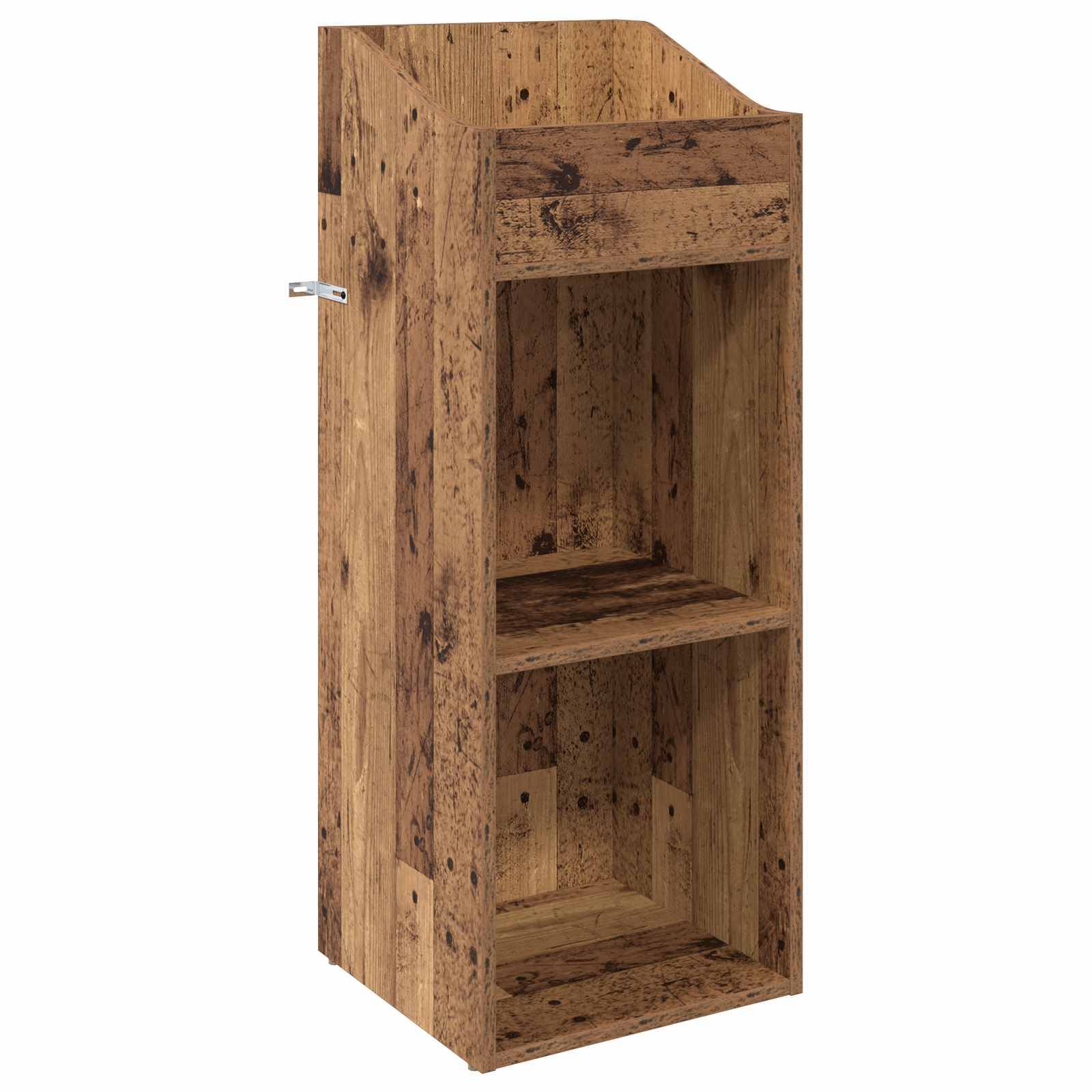 Offenes Holzregal oder Schrank mit zwei Fächern und geneigter Oberseite, dargestellt auf weißem Hintergrund.