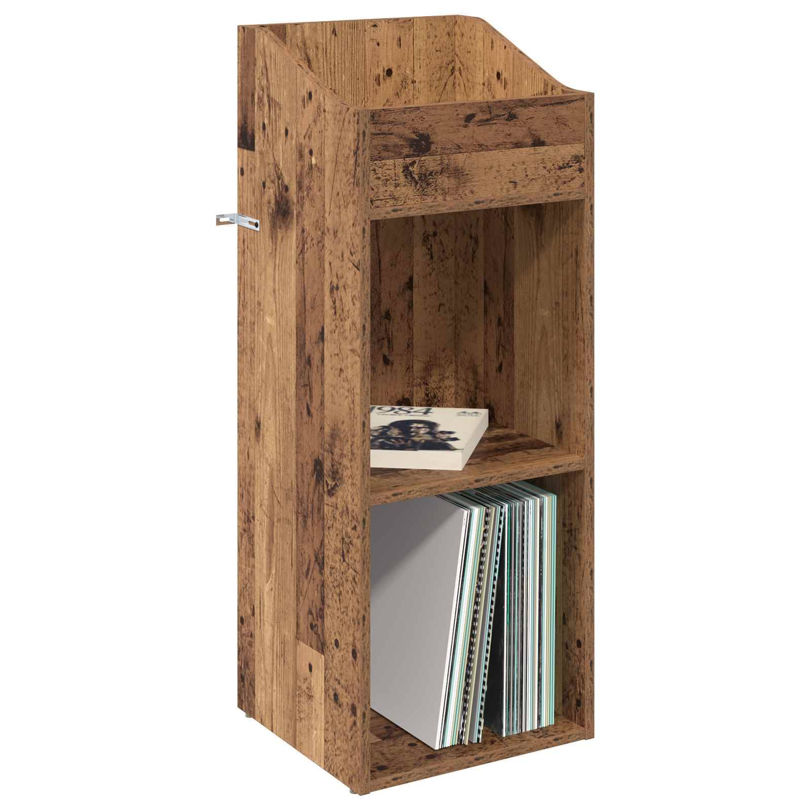 Holzwandschrank mit zwei offenen Regalen, in denen ein Buch und mehrere Zeitschriften oder Schallplatten aufbewahrt werden.