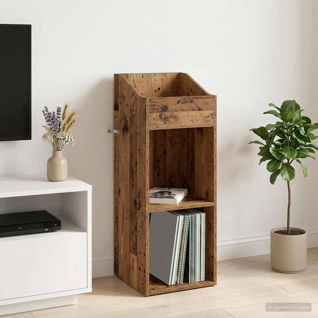 Rustikales hölzernes Lagerregal mit zwei offenen Fächern, das Zeitschriften und einen Spiegel enthält, neben einem Fernsehtisch und einer Topfpflanze in einem minimalistischen Raum.
