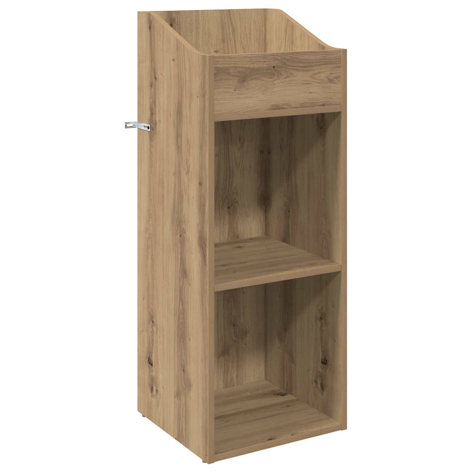 Offenes Holzlagerregal mit zwei Regalen und einer oberen Schublade, dargestellt in heller Eichenausführung.