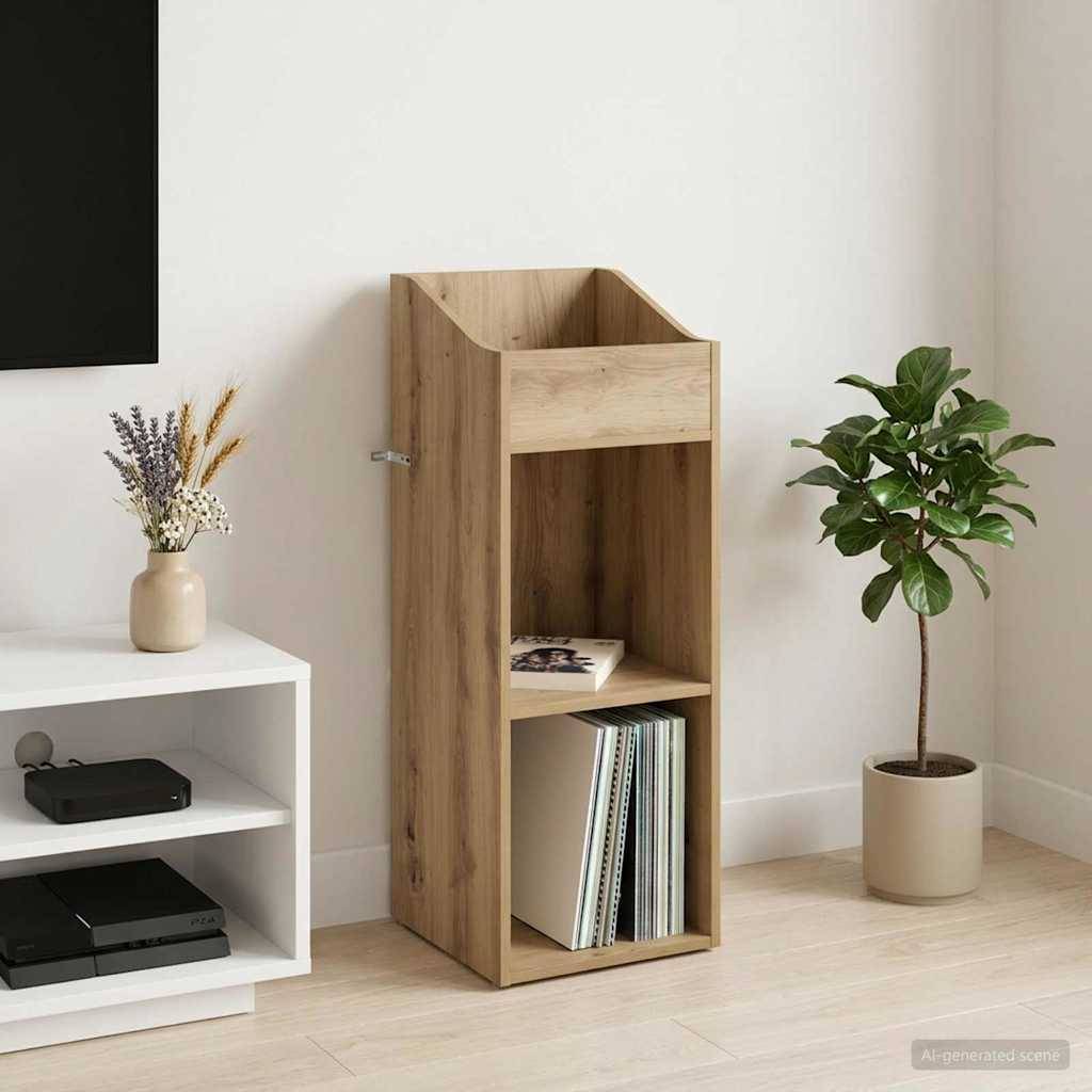 Hohles Holzregal mit offenen Fächern, das Magazine und Bücher enthält, in einem minimalistischen Raum neben einem weißen Schrank und einer Topfpflanze aufgestellt.