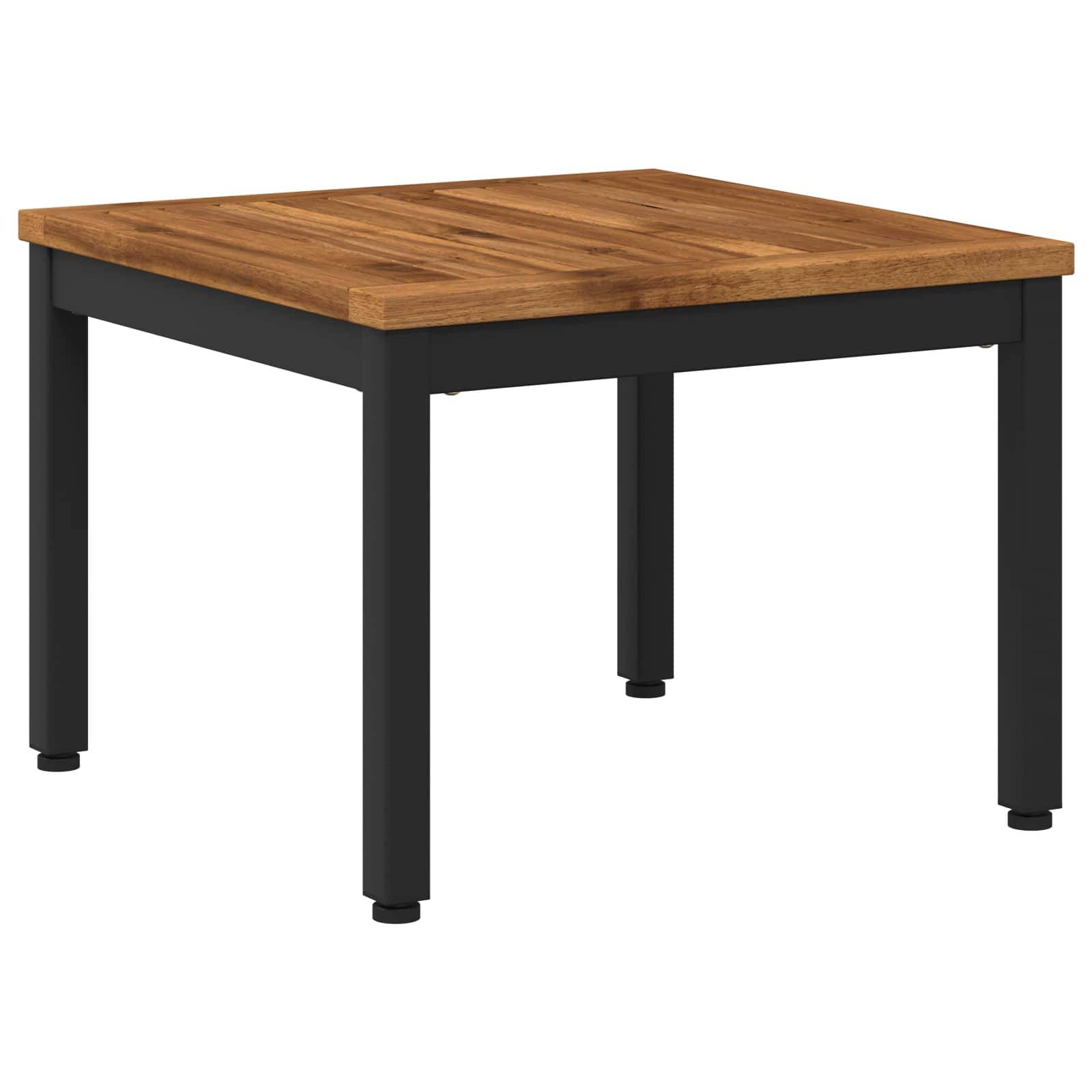 Quadratische Holztischplatte mit schwarzen Metallbeinen, auf einfachem weißem Hintergrund dargestellt.