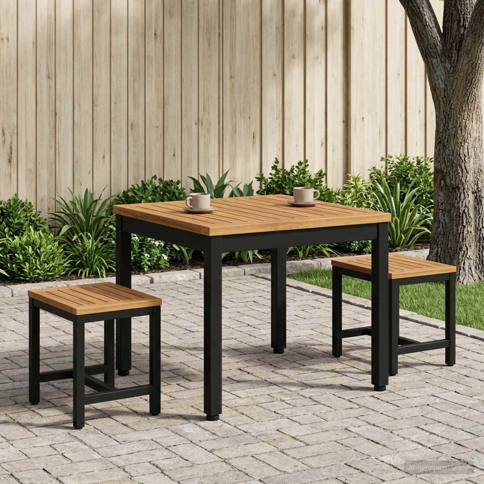 Außen-Terrassendiningset mit quadratischem Holztisch und zwei Hockern auf Steinbelag neben einem Baum und einem Holzzaun.