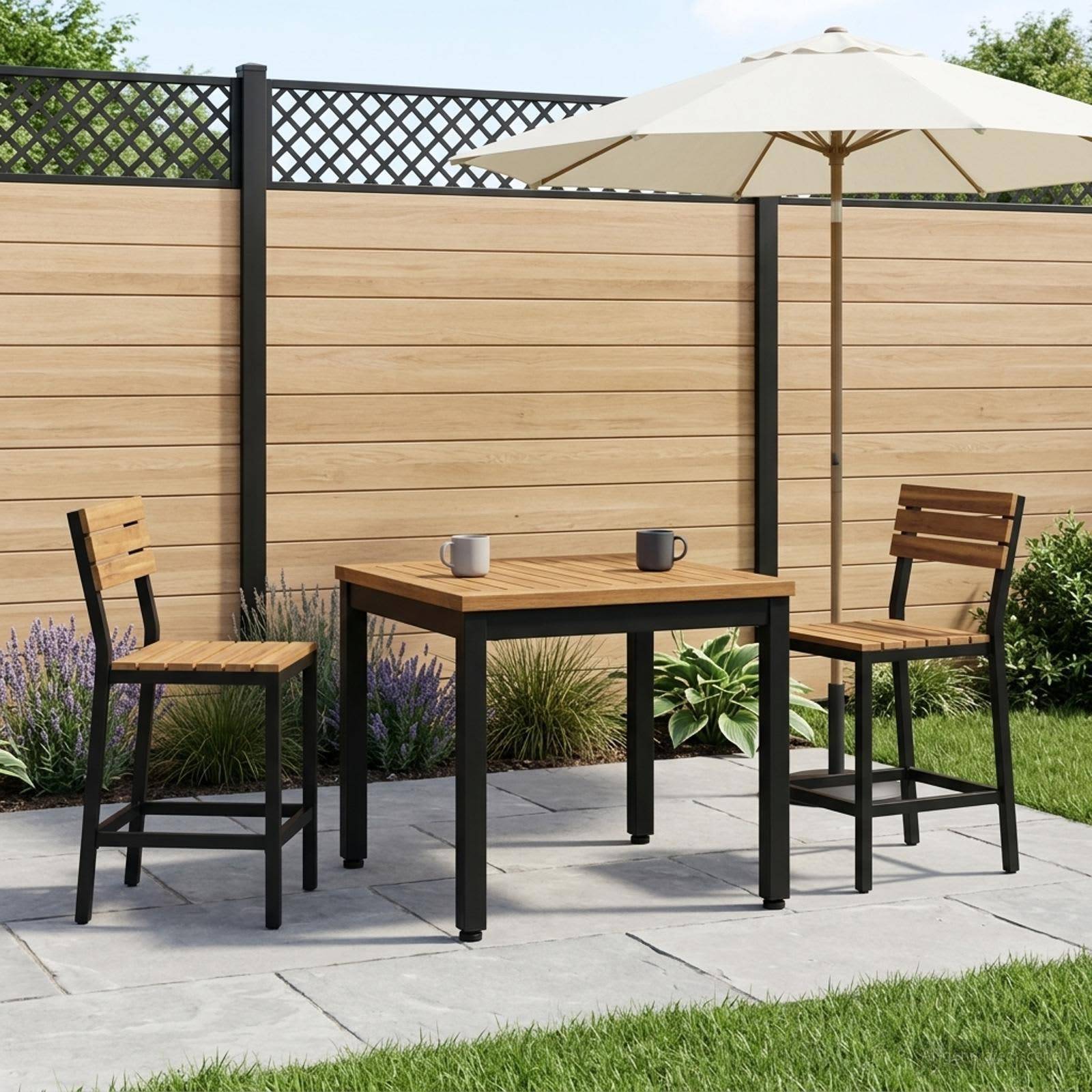 Gartenset für den Außenbereich mit zwei Barhockern, einem kleinen quadratischen Tisch und einem Schirm auf einer gepflasterten Terrasse im Hinterhof neben einem Sichtschutzgitter.