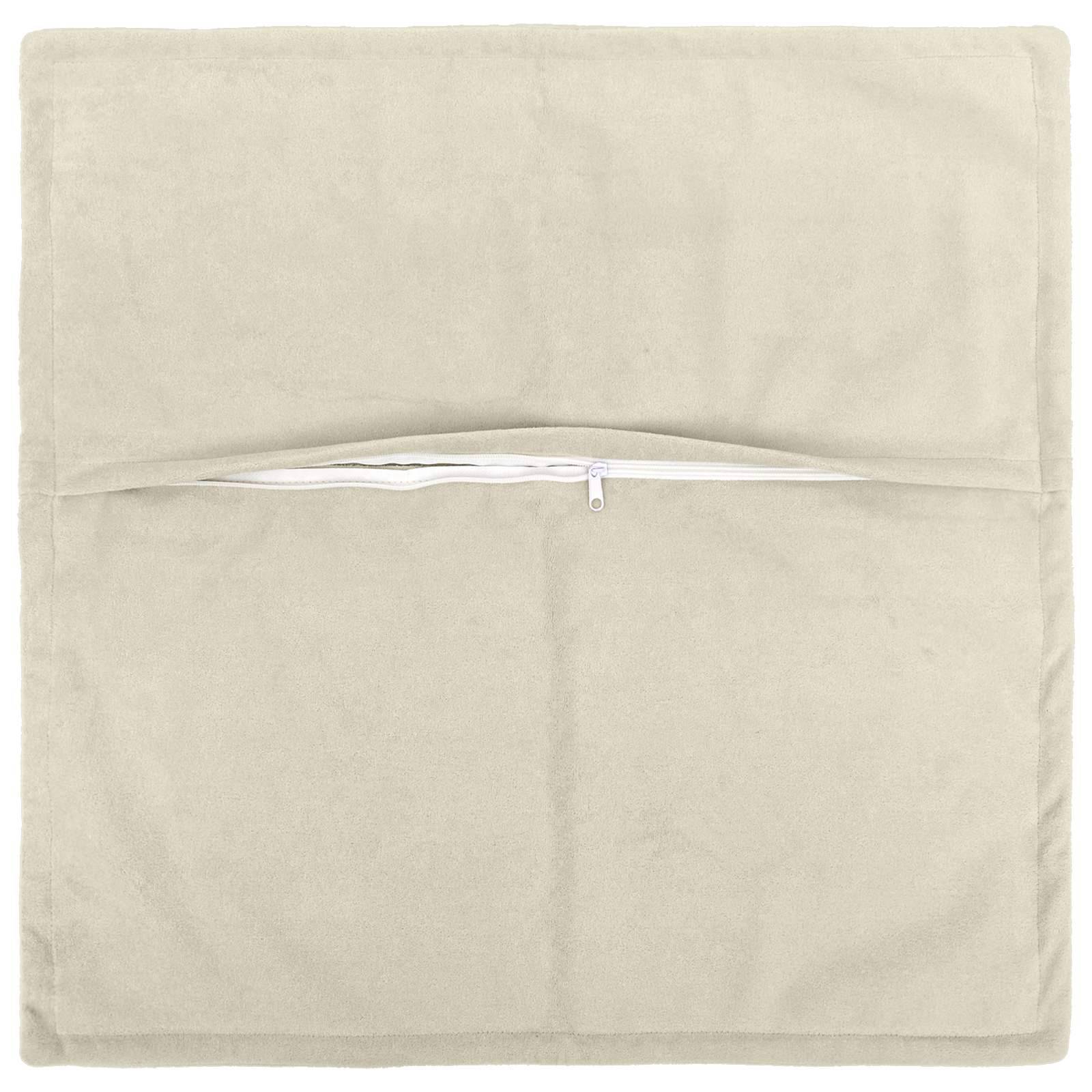 Beige quadratische Kissenhülle mit Reißverschluss und horizontaler Öffnung in der Nähe der Mitte.