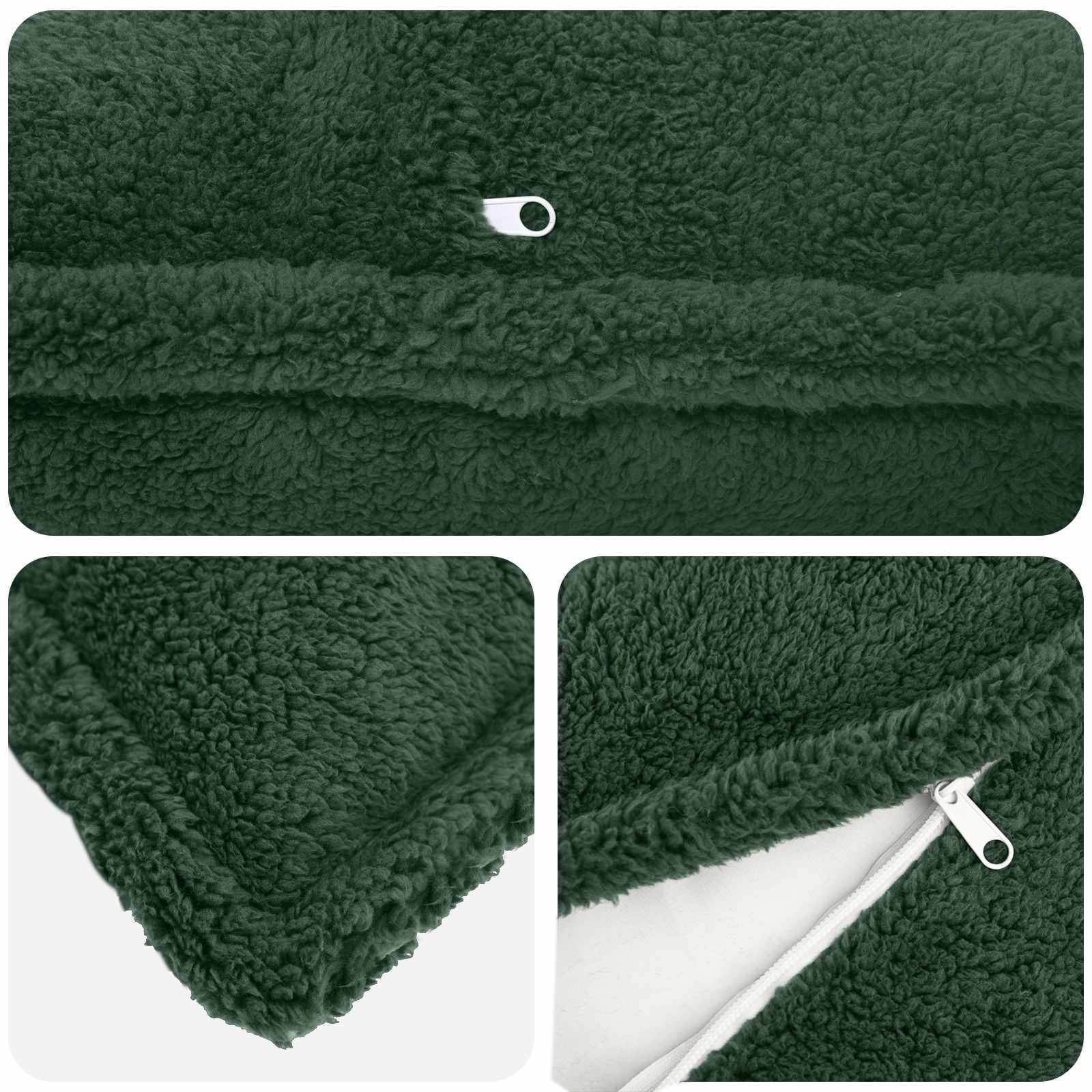 Grünes Sherpa-Fleece-Kleidungsstück oder Decke in Nahaufnahme, mit Druckknopf- und Reißverschlussverschluss in drei Produktansichten.