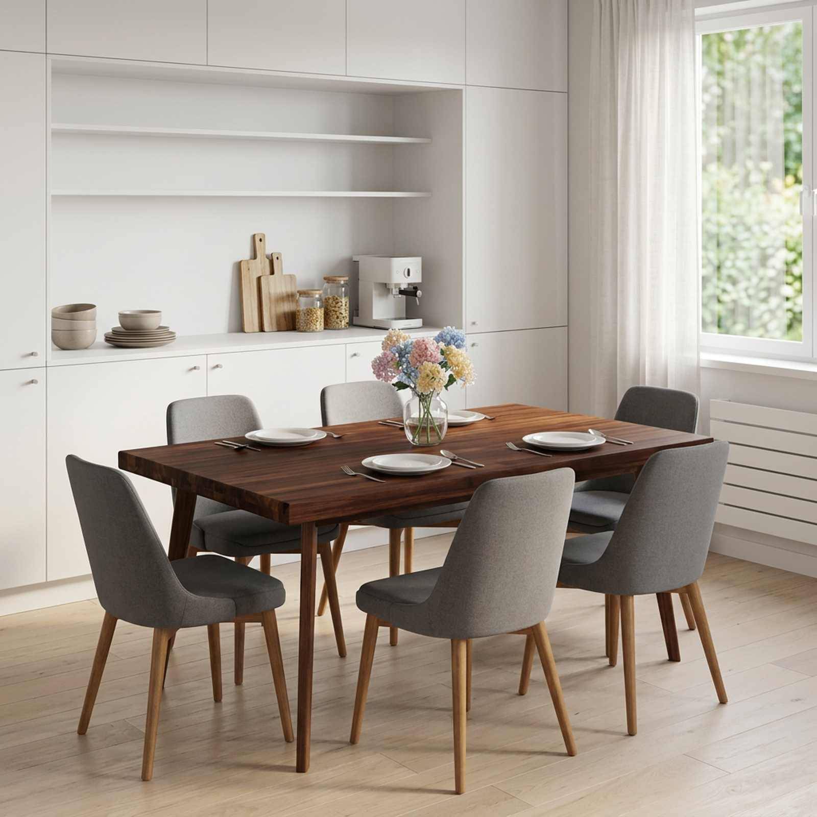 Modernes Esszimmer mit einem Holztisch, der für sechs Personen gedeckt ist, grauen Stühlen, einer Blumenvase als Tischmitte und weißen Einbauschränken in der Nähe eines hellen Fensters.