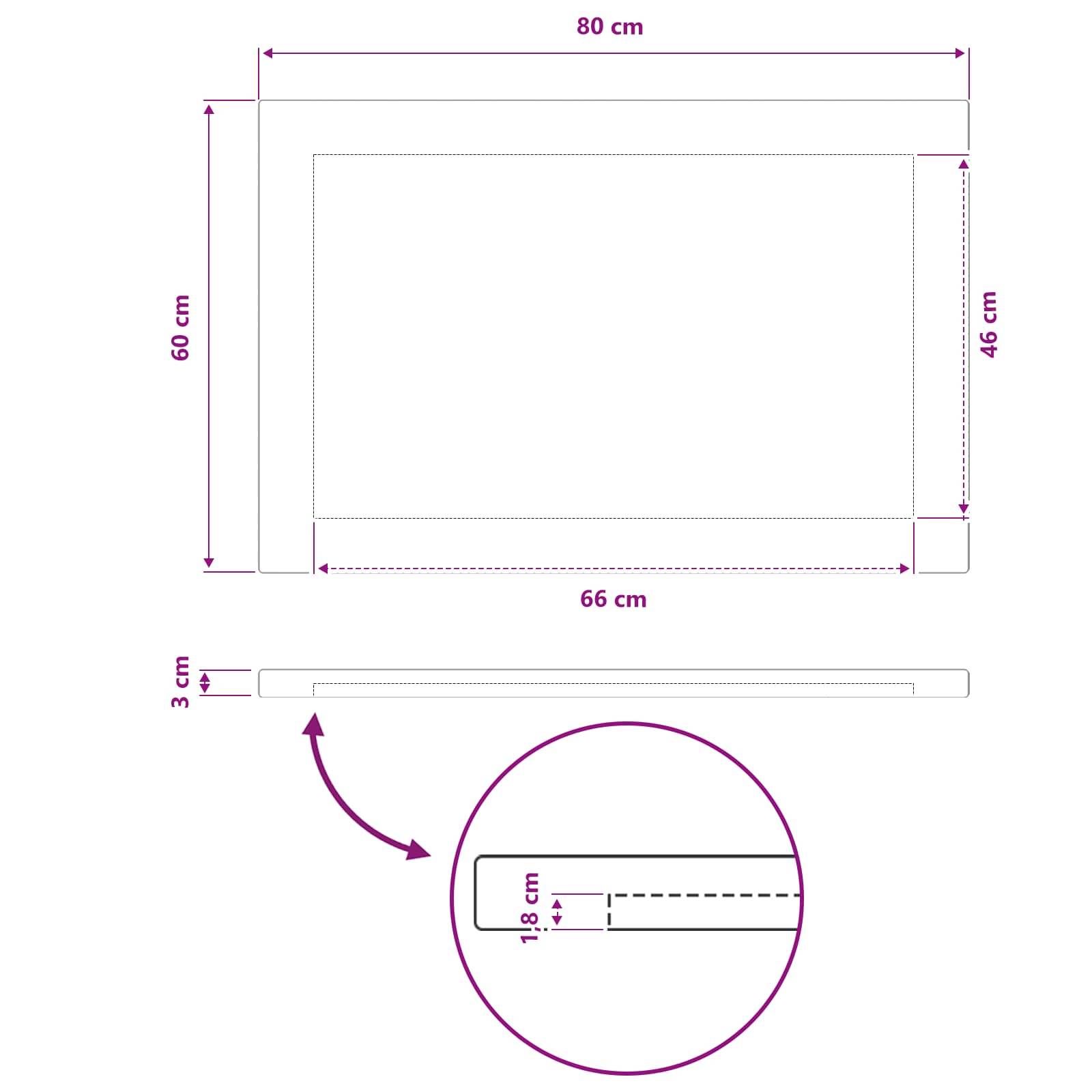 Bemesstes Diagramm eines Rahmens oder Bildschirmlayouts: Außengröße 80 x 60 cm, innere Öffnung 66 x 45 cm, mit einem 3 cm Seitenprofil-Detail und 1,8 cm Absatz in vergrößerter Ansicht dargestellt.