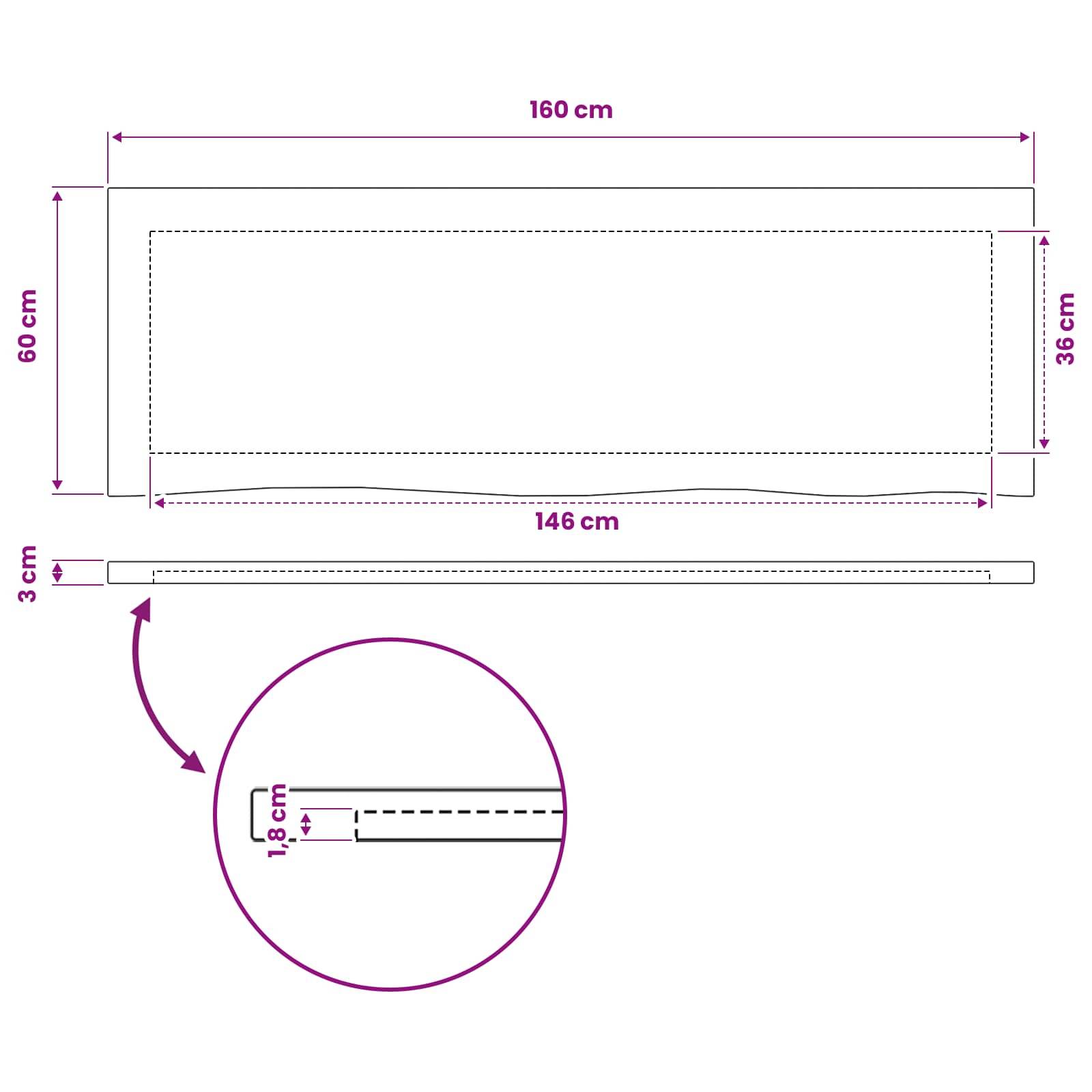 Diagramm eines rechteckigen Deckelmusters mit einer Gesamtgröße von 160 cm × 60 cm, einem inneren Feld von 146 cm × 36 cm und einem 3 cm breiten umgelegten Randdetail.