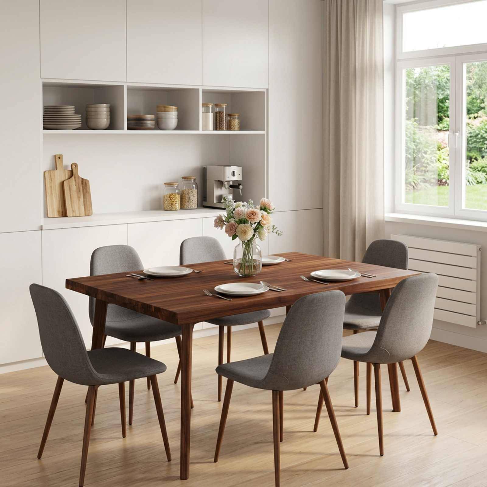 Modernes Esszimmer mit einem Holztisch für sechs Personen, grauen Stühlen, einer Vase mit Blumen, eingebauten Regalen und einem Fenster mit Vorhängen.