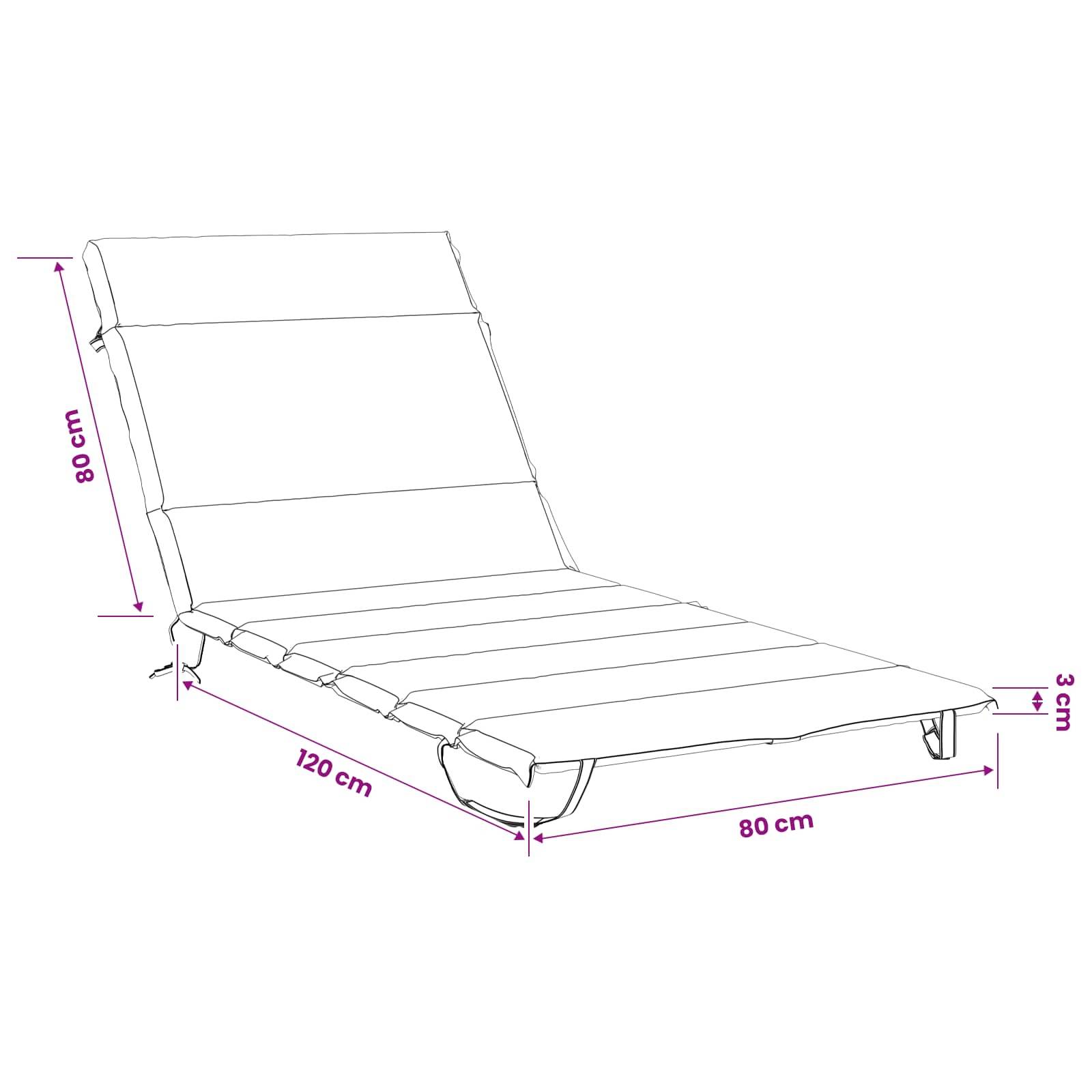 Strichzeichnung eines Liegestuhls mit beschrifteten Abmessungen: 120 cm Länge, 80 cm Breite, 80 cm Rückenhöhe und 3 cm Bodenfreiheit.