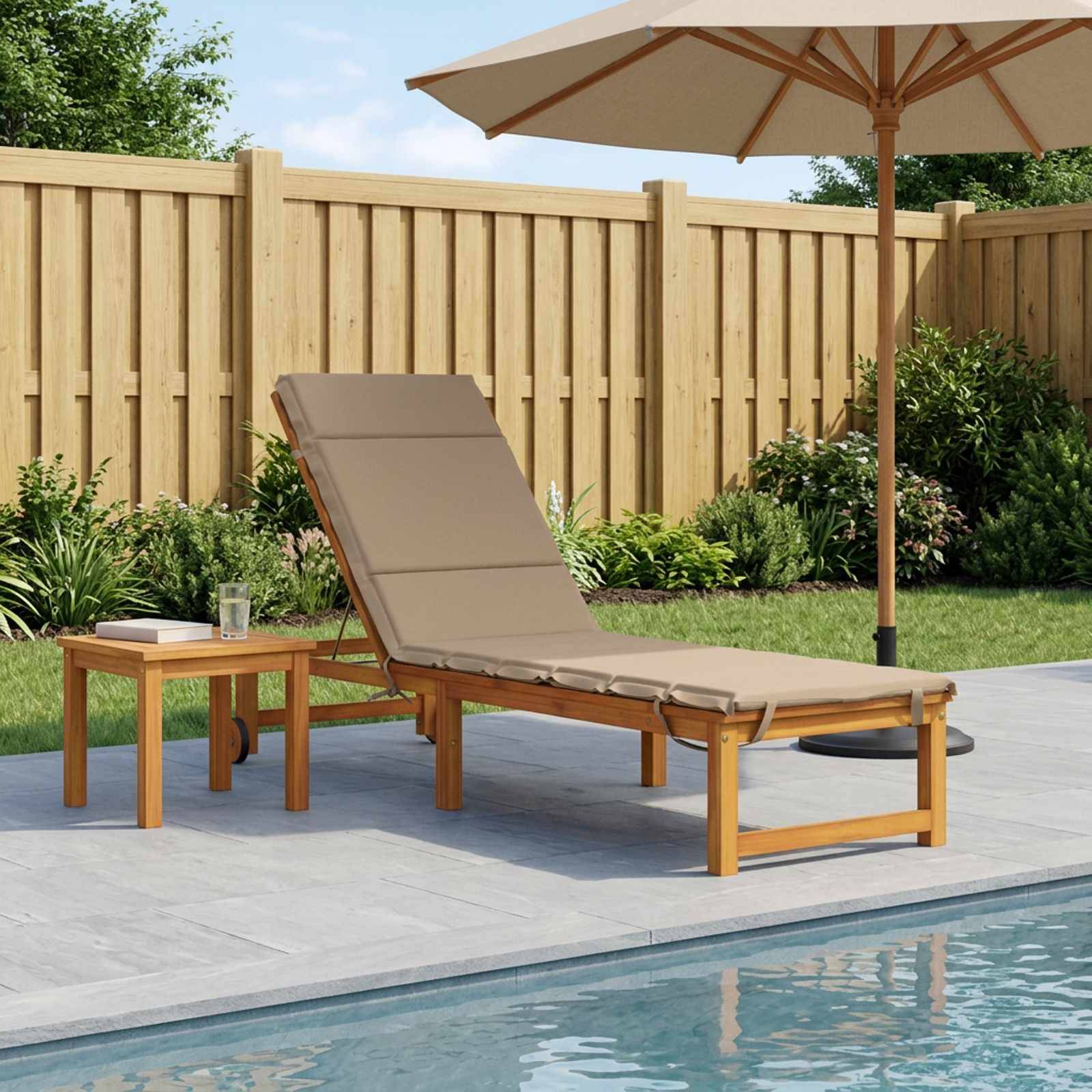 Szenerie am Poolrand im Hinterhof mit einem braunen Liegestuhl, Beistelltisch und Sonnenschirm auf einer Terrasse neben einem Schwimmbecken und einem Holzzaun.