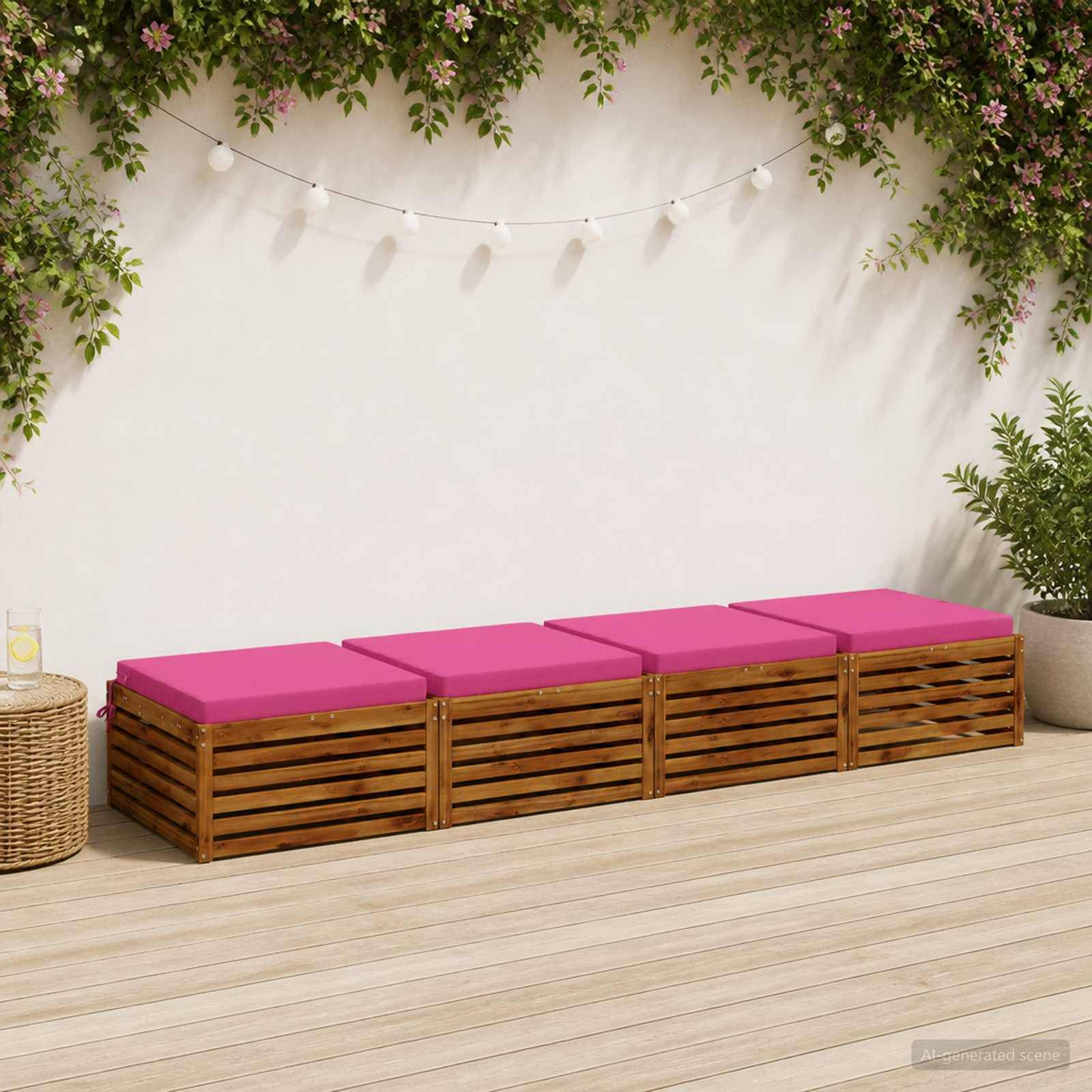 Vier hölzerne Aufbewahrungsbänke mit leuchtend rosa Kissen stehen an einer Patiowand unter hängender Vegetation und Lichterketten.