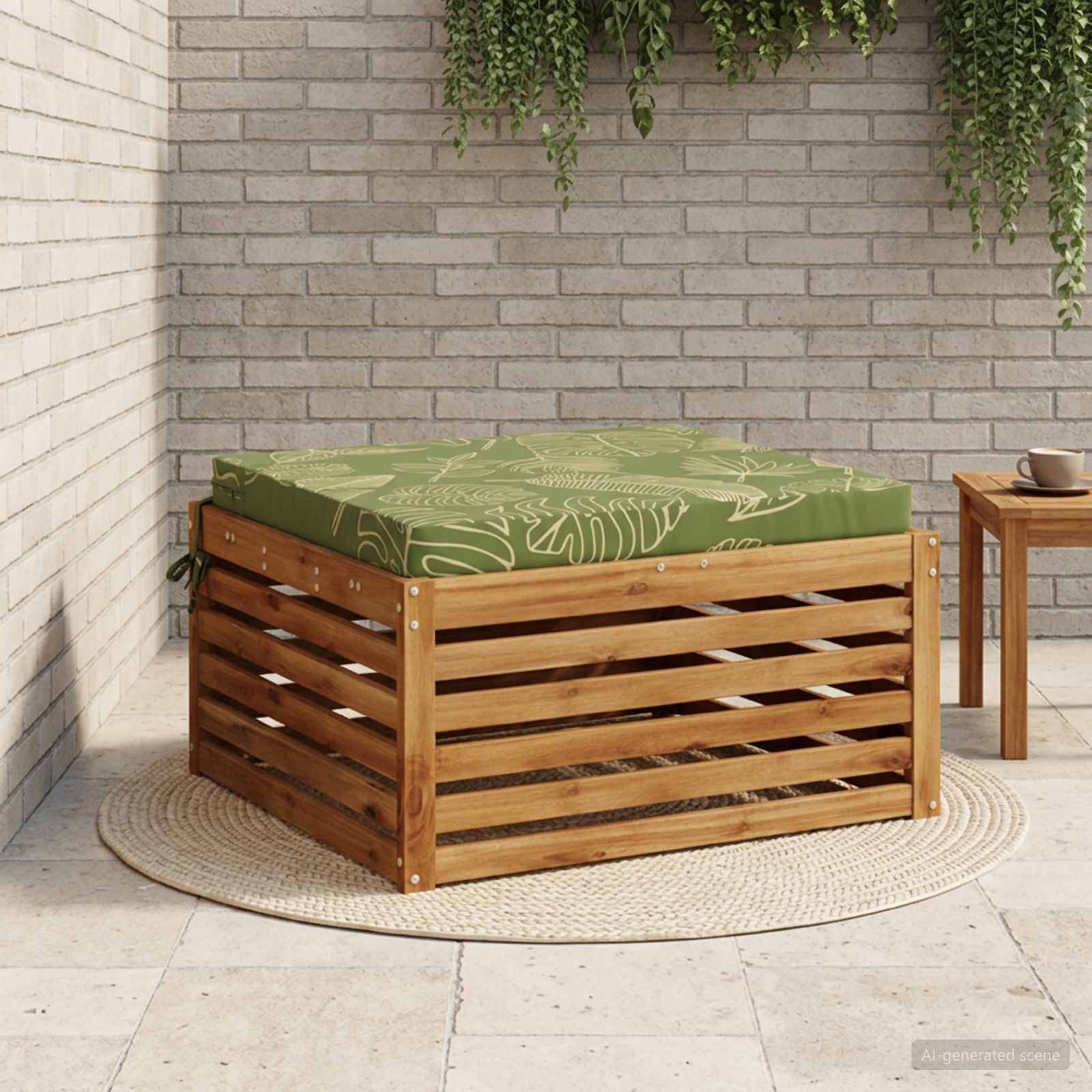 Outdoor Holzlagerbank mit grünem Kissen auf einem runden gewebten Teppich neben einem kleinen Beistelltisch in einer Ecke einer Ziegelmauer-Terrasse.