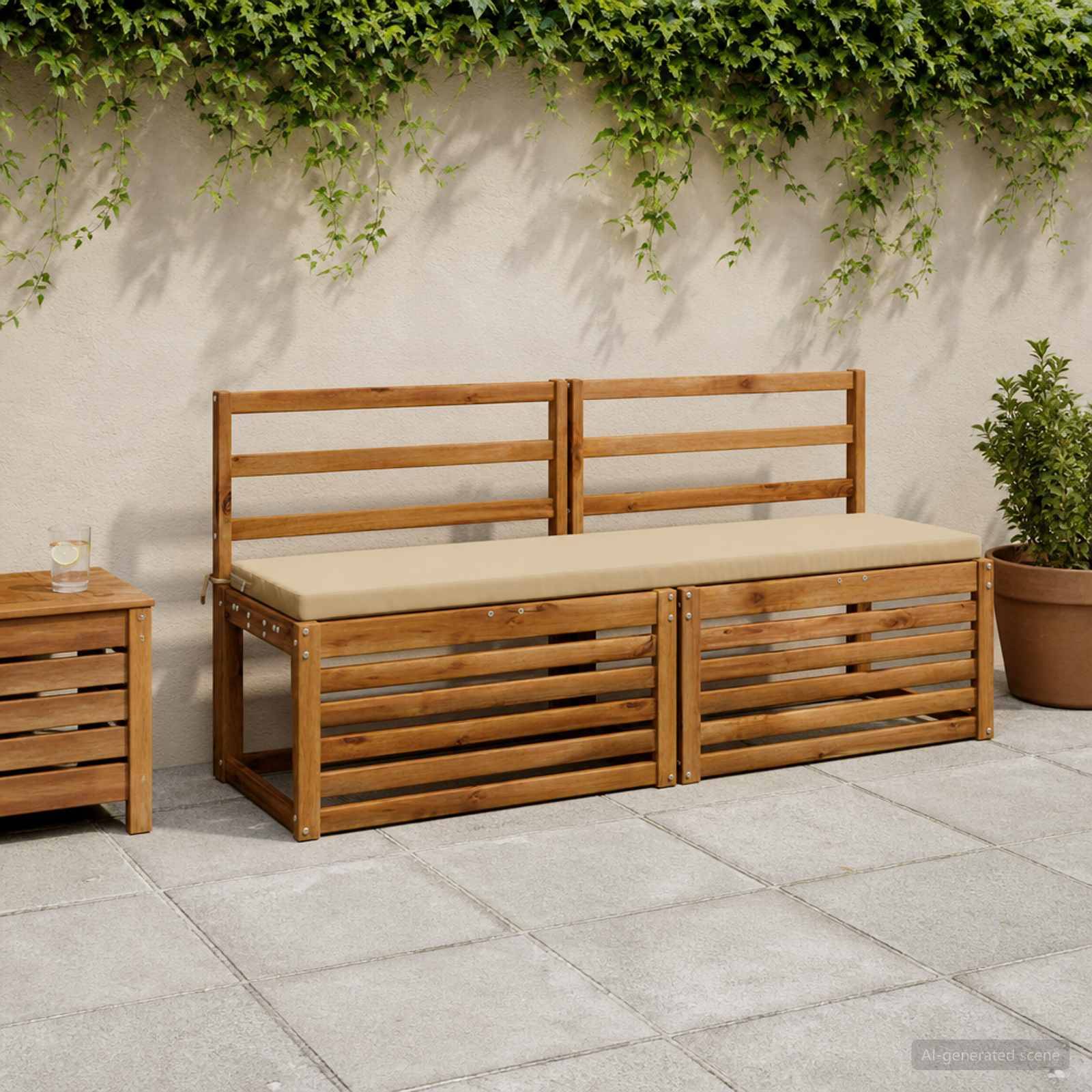 Holzgartenbank mit beigem Sitzkissen auf einer Terrasse, neben einem Topfpflanze und kleinem Beistelltisch, mit hängender Begrünung oberhalb.
