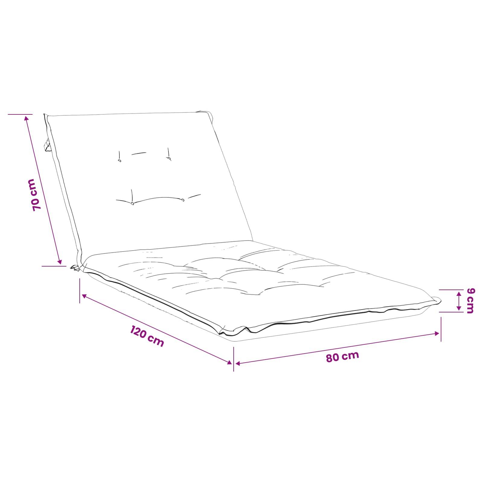 Illustration eines Liegestuhls mit gepolsterter Rückenlehne und Sitzfläche, mit den Abmessungen: 70 cm hoch, 120 cm lang, 80 cm breit und 6 cm dick.