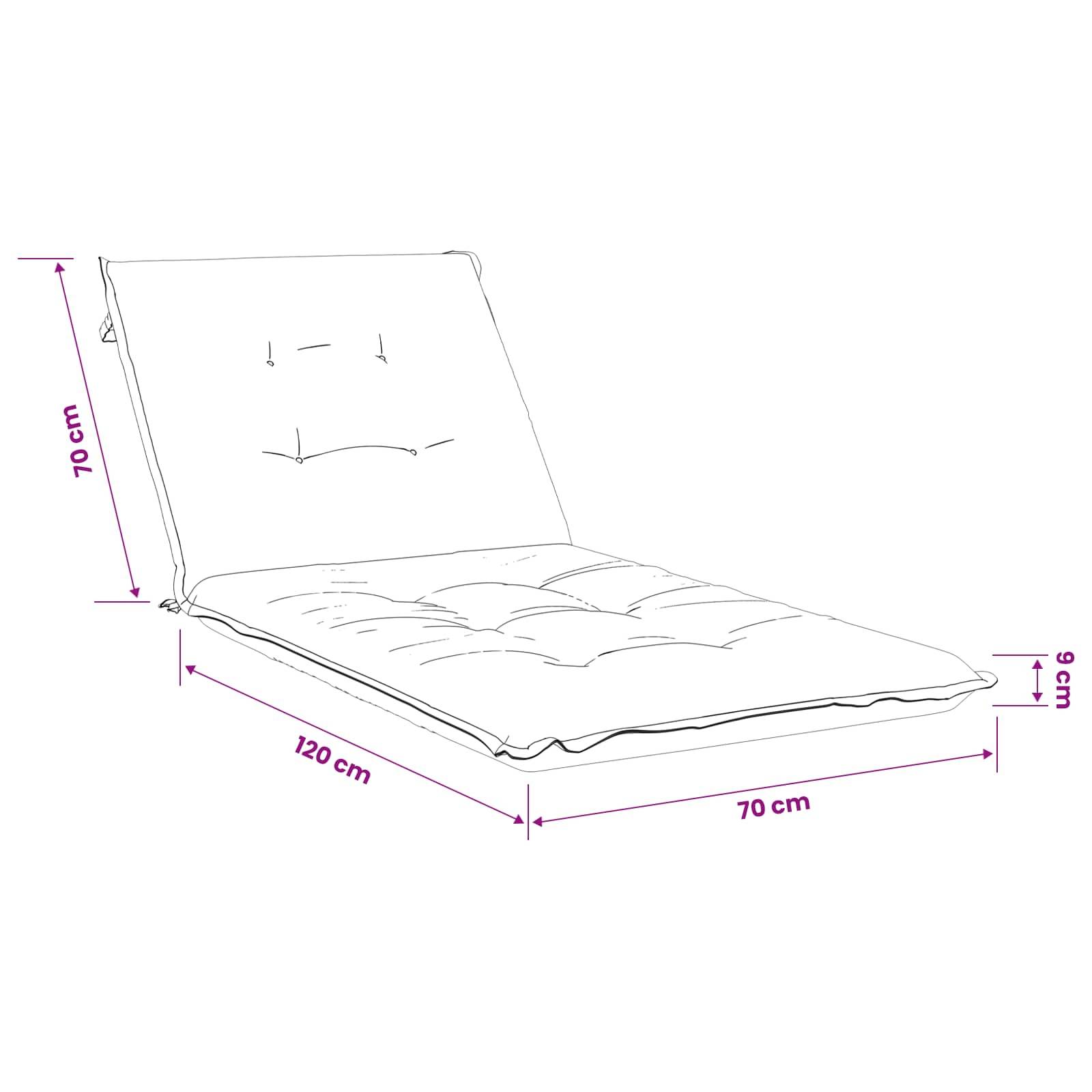 Illustration eines gepolsterten Klappliestuhls mit Abmessungen: 120 cm Länge, 70 cm Breite, 70 cm Rückenhöhe, 9 cm dickes Kissen.