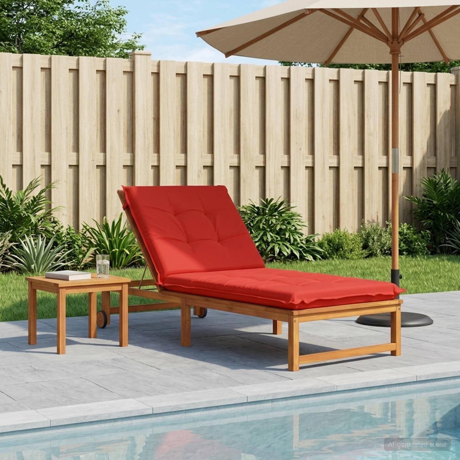 Roter gepolsterter Loungesessel neben einem Pool mit einem kleinen Beistelltisch und einem Sonnenschirm in einem eingezäunten Hinterhof.