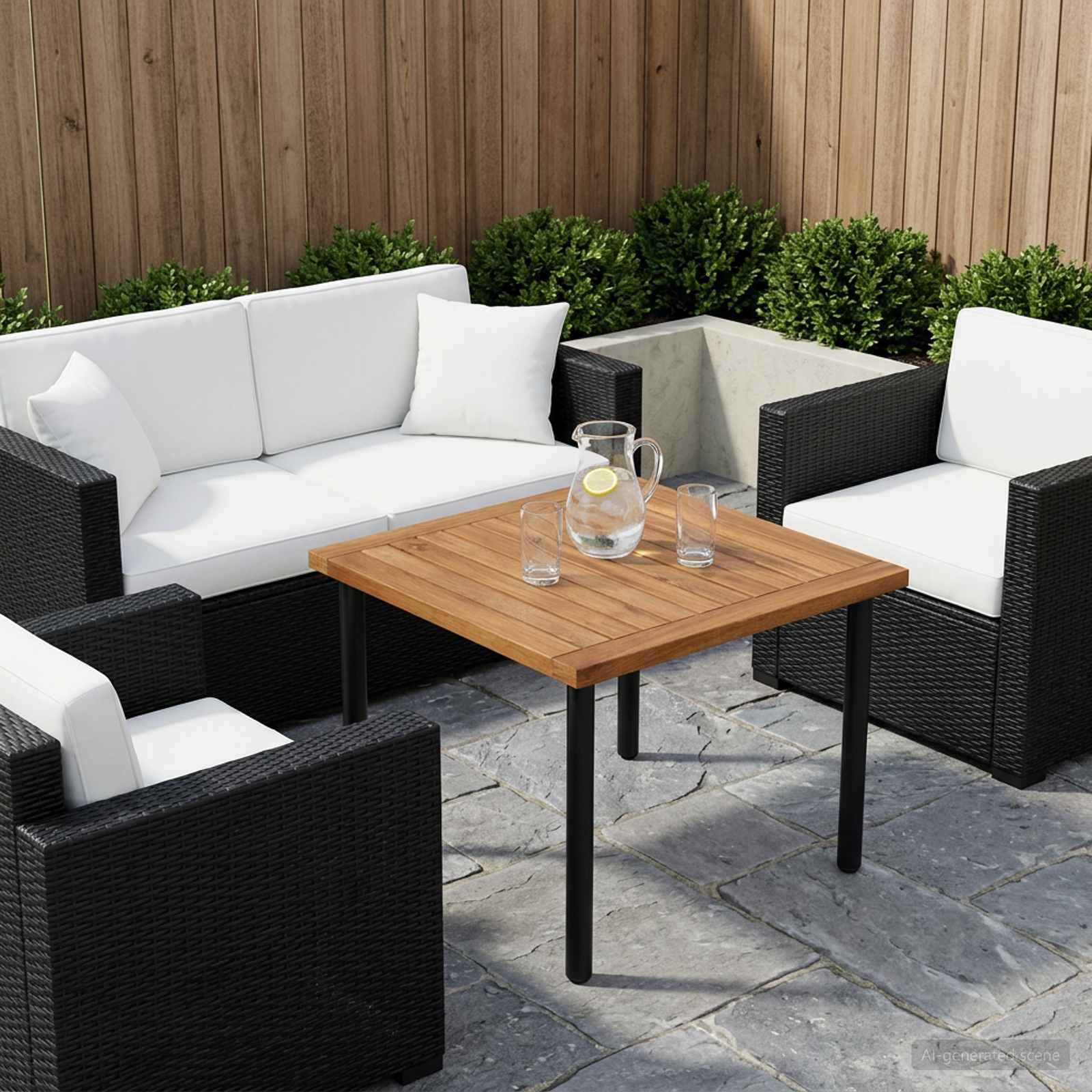 Außenbereich mit Terrassenmöbeln aus schwarzem Rattan, weißen Sitzkissen und einem Holz-Couchtisch mit einer Wasserkanne und Gläsern.