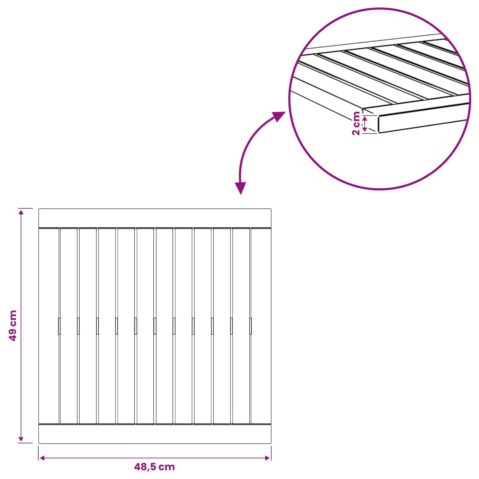 Diagramm eines rechteckigen lamellenbehängten Panels, 48,5 cm breit und 49 cm hoch, mit einer Nahaufnahme, die 2 cm Lamellentiefe zeigt.