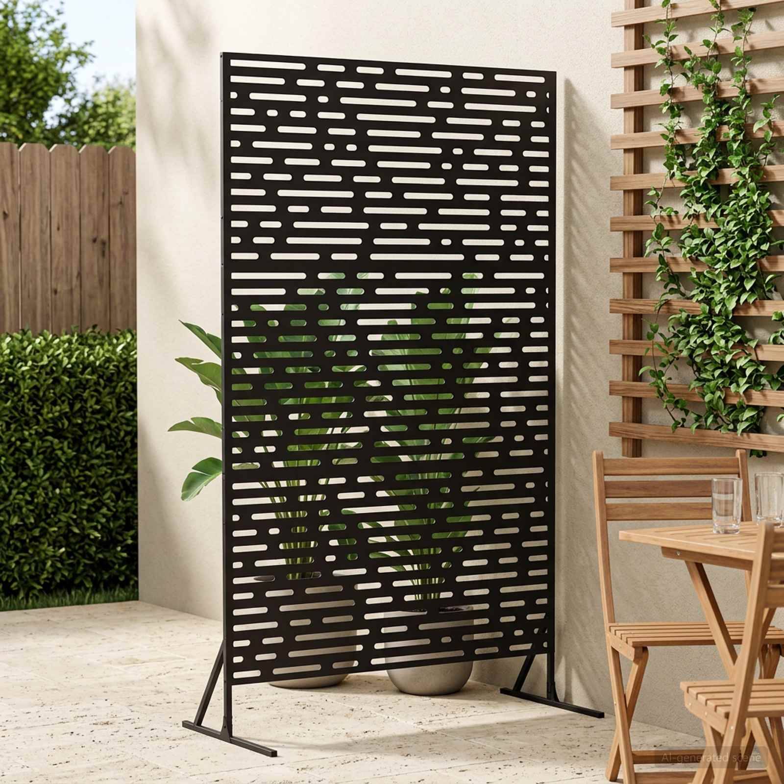 Schwarzer Lamellensichtschutz aus Metall auf einer Terrasse, mit Topfpflanze dahinter und Gartenmöbeln neben einer rankenbewachsenen Wand.