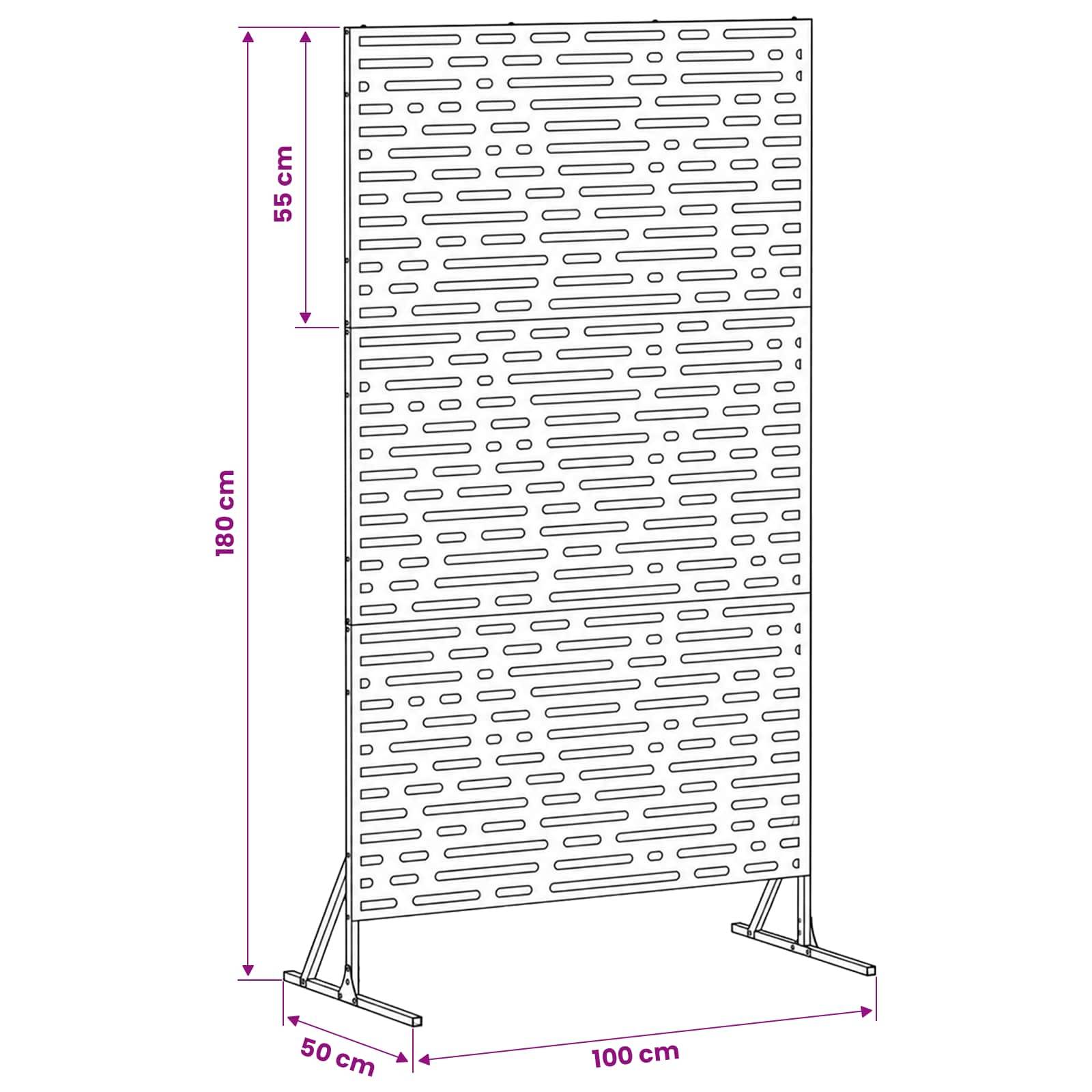 Diagramm eines perforierten Anzeigefeldes auf zwei Fuß-Stützen, beschriftet mit 180 cm Höhe und 100 cm Breite, mit einem 55 cm großen Bereich oben markiert.