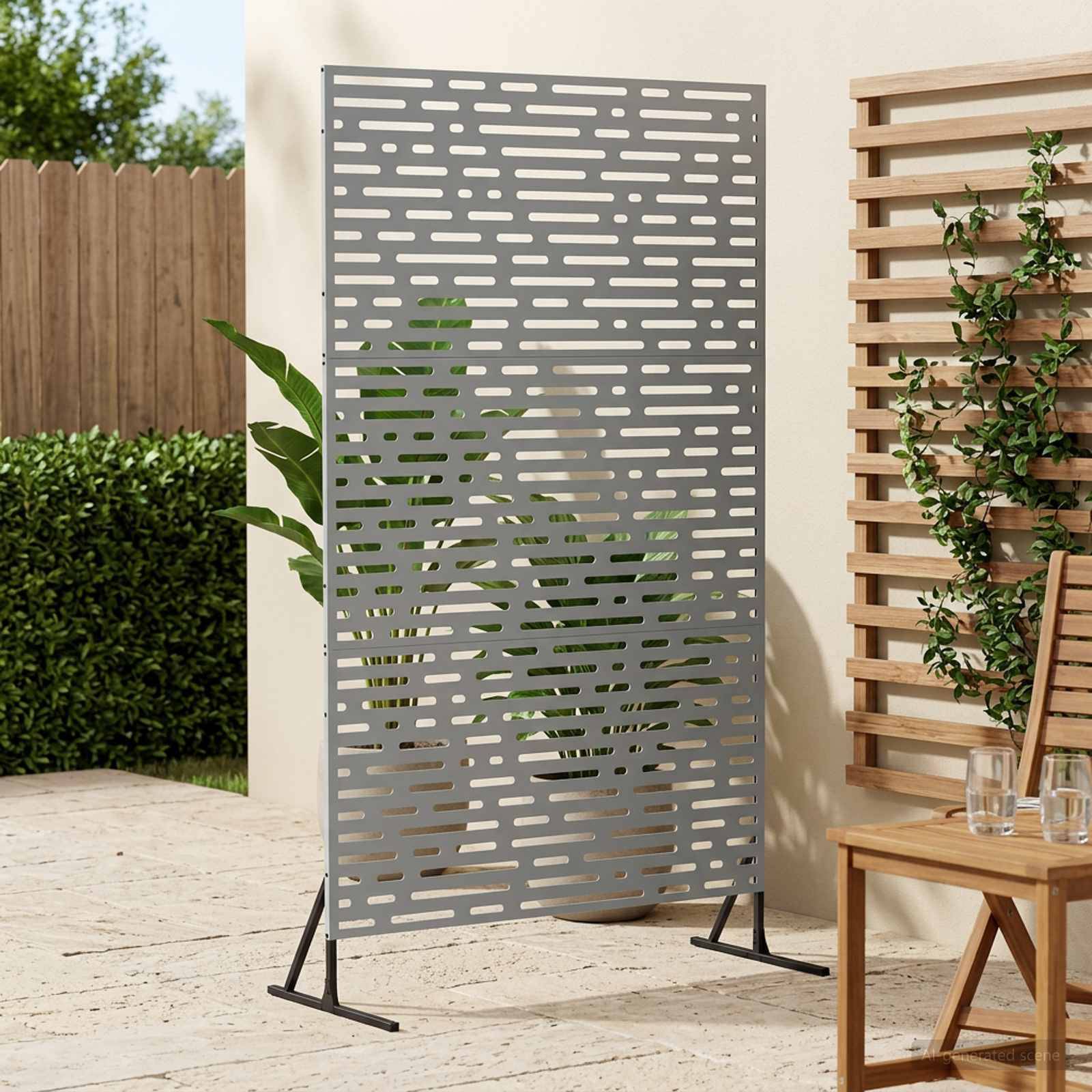 Grauer Metallsichtschutz auf schwarzen Beinen draußen neben einem Holzrankengerüst mit Reben und einem Terrassenstuhl.