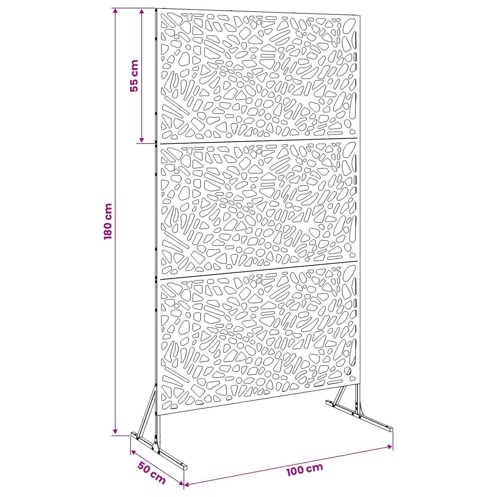 Diagramm eines freilich stehenden Dekorationspanels mit drei gemusterten Abschnitten, 180 cm hoch, 100 cm breit und 50 cm tief.
