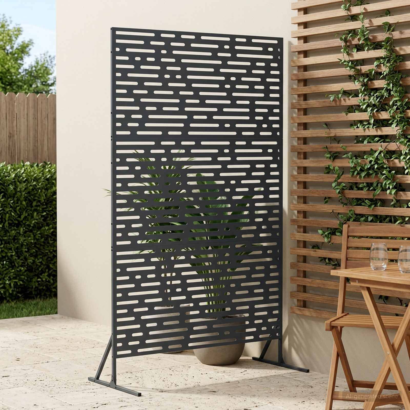 Sichtschutzpaneel für den Außenbereich mit horizontalen Schlitzen, das eine Topfpflanze auf einer Terrasse neben einem Holzgitter und einem Sitzbereich abschirmt.