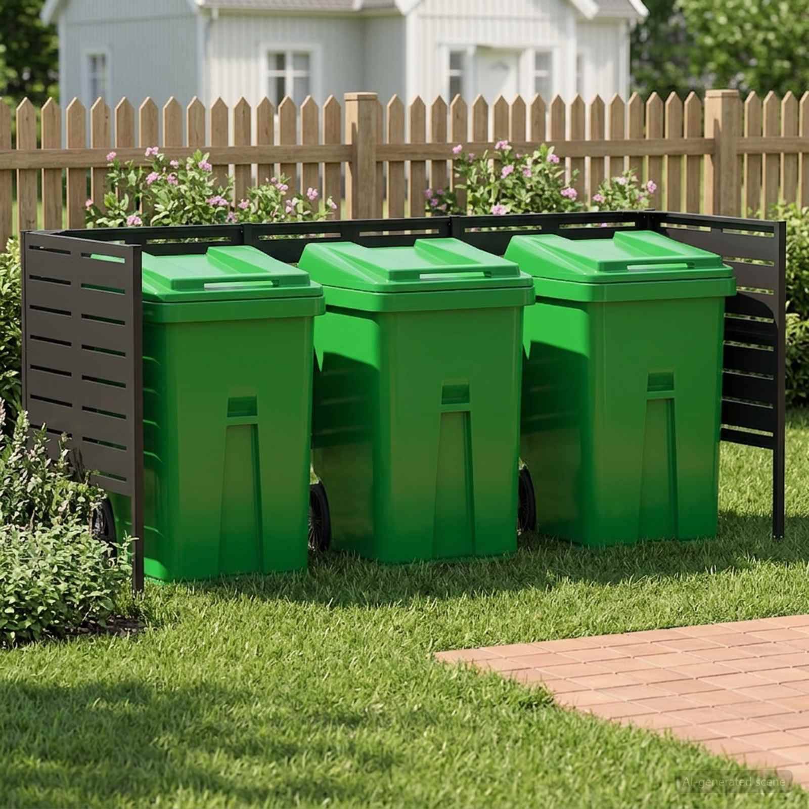 Drei grüne Mülltonnen in einem schwarzen Außengehäuse neben einem Rasen und einem Ziegelpflasterweg in einem Wohnhof.