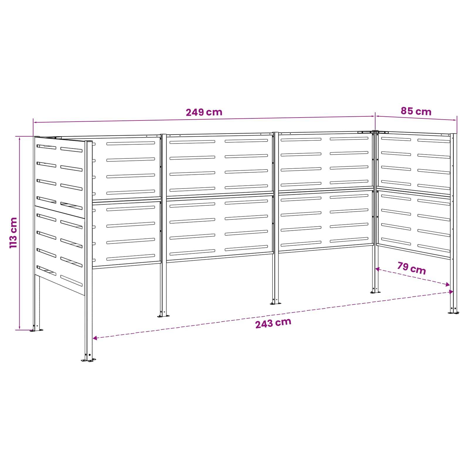 Diagramm eines Metallgittergehäuses mit Abmessungen: 249 cm Breite, 113 cm Höhe, 243 cm Frontspannweite, 85 cm Seitentiefe und 79 cm Öffnung.